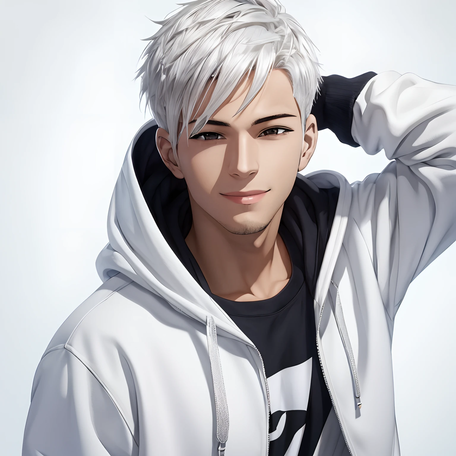 A man with a happy E expression, usando um capuz com seu cabelo platinado curto, fundo branco todo, estilo de arte anime, Foco em seu rosto