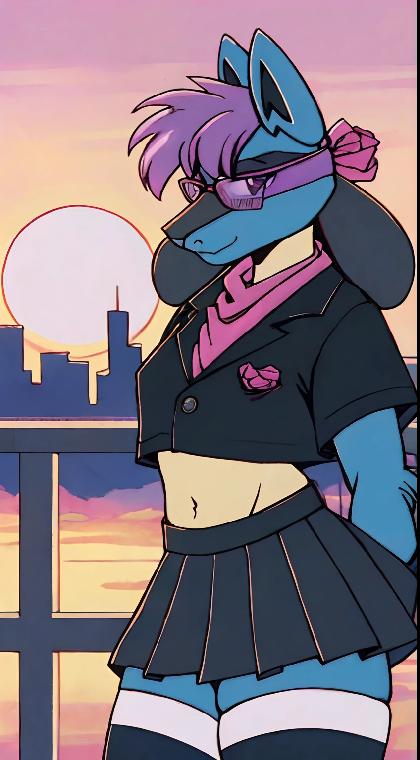 Mute pastel colors， Smooth photos， Retro soul, 1990s animation, 1980s animation, Retro soul， Retro anime style， Masterpiece, Best Quality, Lucario, furry, solo female, Lucario Pokémon, skirt, thigh high socks, crop top black jacket, Retro Lucario fanart, 1990s anime, retro animation, transgender women, sunset over city background, very detailed background, bandana, white chest spike, pink eyes, high definition eyes, very detailed eyes, chubby, small amount of pink hair on top of head with purple highlights, blue fur, cute bandana, trans flag bandana, picturesque background, 1 horizon line, thin framed rose tinted rimless glasses, thin framed gradient rose tinted glasses, perfect background, beautiful background, black jacket, black face markings, no shirt, midriff, belly button, black thigh high socks