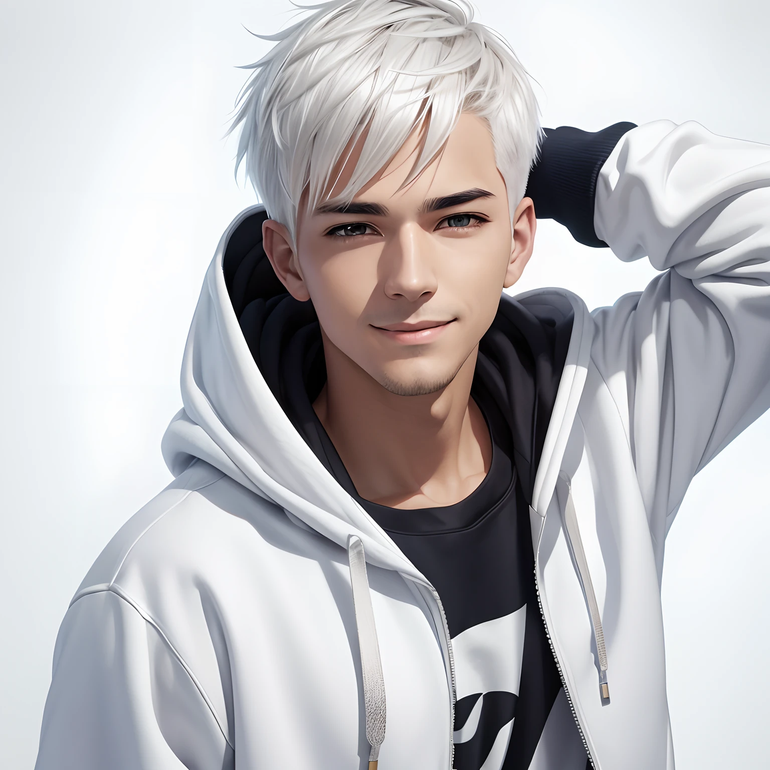 A man with a happy E expression, usando um capuz com seu cabelo platinado curto, fundo branco todo, estilo de arte anime, Foco em seu rosto