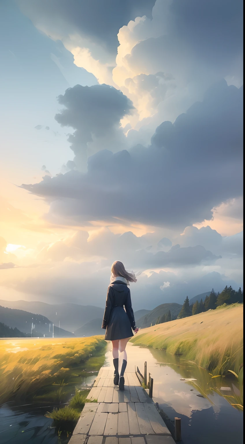 On a grey rainy day a beautiful young lady (((walking into a lake away from camera))), extreme long shot, full body shot, very large lake, walking in shallow shoreline, 24k resolution, impressionism art style, photorealistic, hyperdetailed, stormy clouds, up to her knees in water, no dock, walking away from camera.