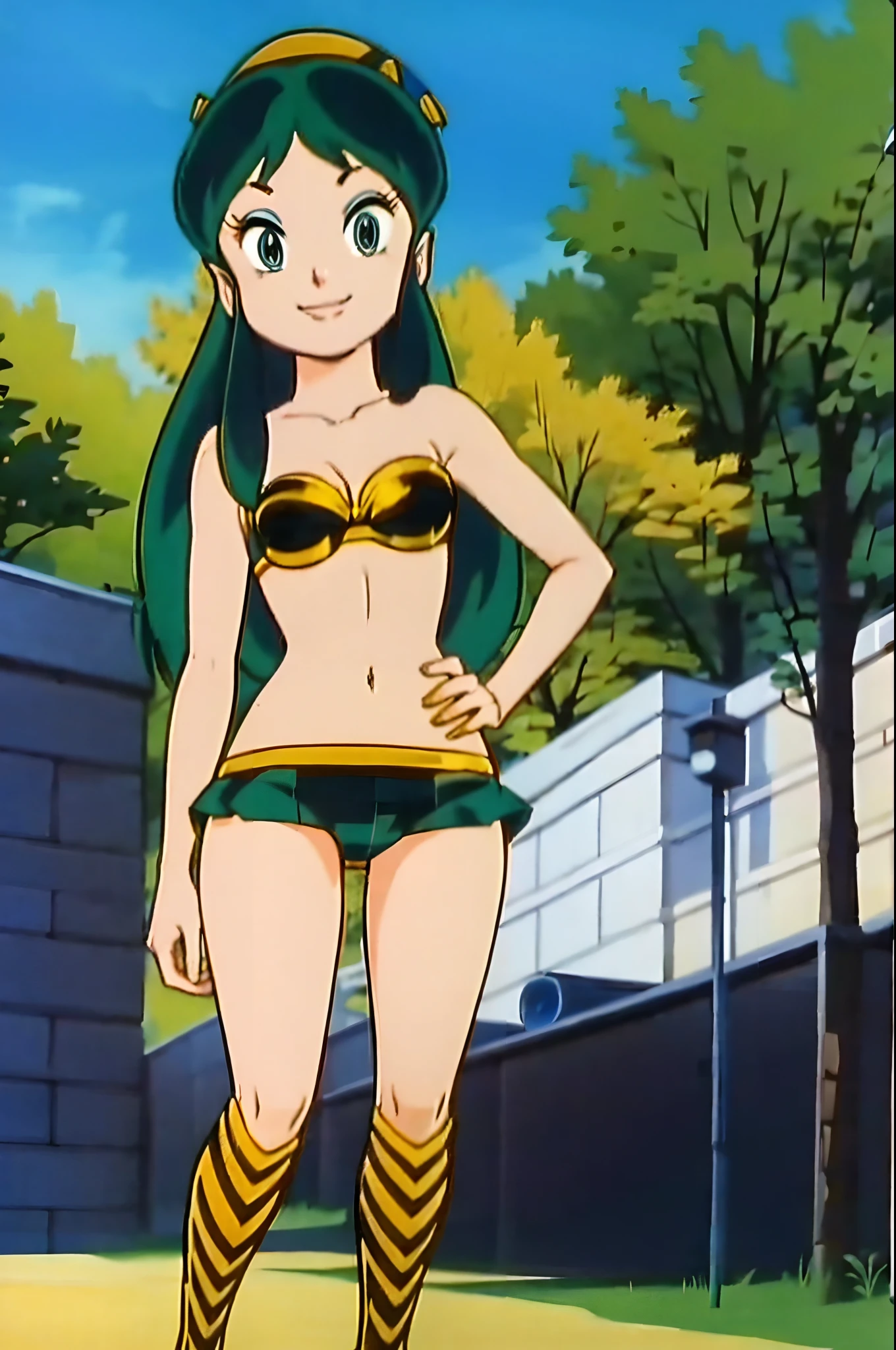 lum, bikini, standing, levitating, boots, oni, smile,, full body