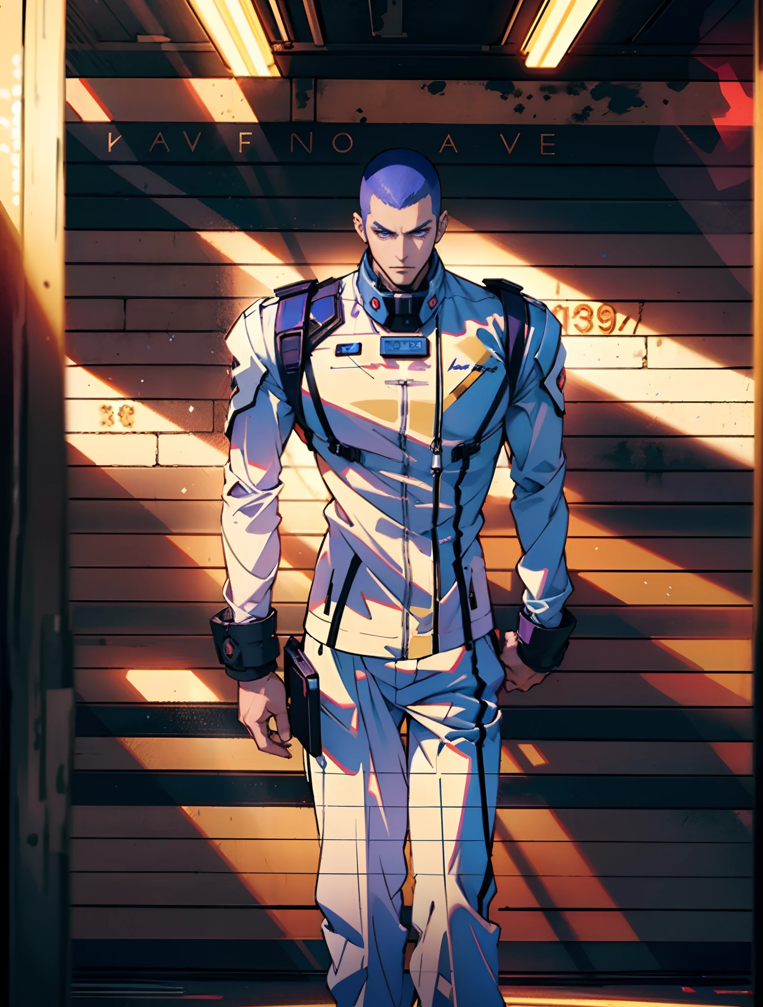 A man with a crew cut, a calm and rational expression, a wise gaze, wears a futuristic scientist's coat, primarily in shades of white, accented by touches of blue and purple, matching utility pants, standing in a mysterious laboratory of an ancient and advanced civilization, this character embodies a finely crafted a futuristic sci-fi scientist in anime style, characterized by an exquisite and mature manga illustration art style, high definition, best quality, highres, ultra-detailed, ultra-fine painting, extremely delicate, professional, anatomically correct, symmetrical face, extremely detailed eyes and face, high quality eyes, creativity, RAW photo, UHD, 8k, Natural light, cinematic lighting, masterpiece:1.5