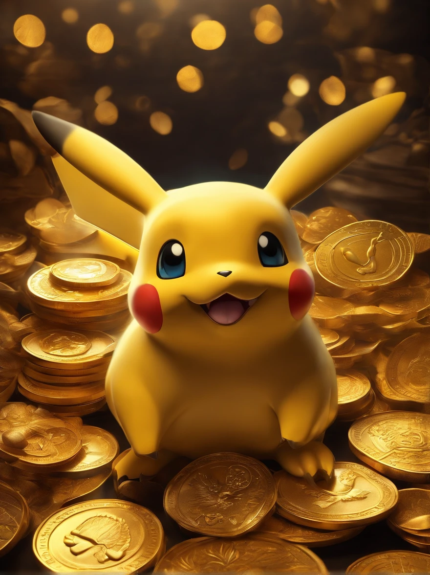 Pokémon, covered in a pile of gold coins, with the inscription "Loki" On them (Best Quality, Realistic, Vivid colors), shines brightly in studio lighting. Pokémon is beautifully detailed, with sparkling eyes and a mischievous smile. Gold coins reflect light, Creating a flickering effect. The background is a dark and dramatic setting, Improving the overall atmosphere. The color palette consists of rich golden tones and deep shadows, Adding to the luxury of the scene. Lighting accentuates details and textures like Pokémon, and coins, creating a sense of depth and realism.