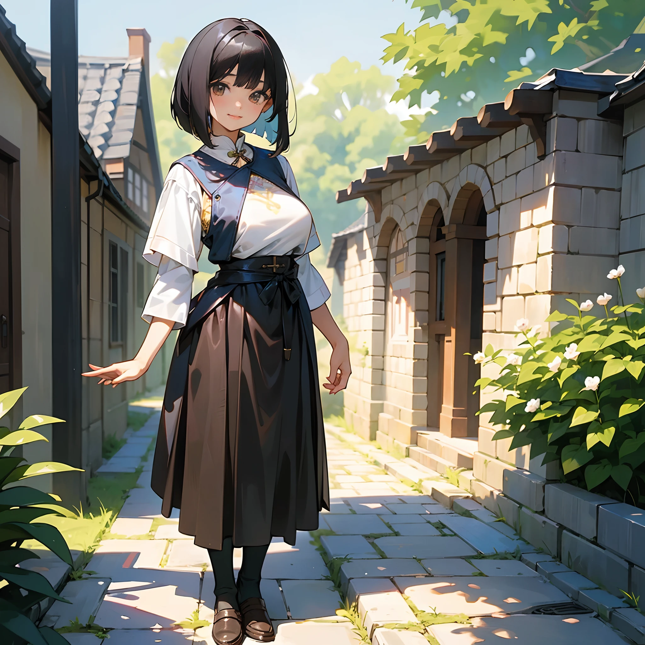 With the best image quality、 girl standing alone outdoors。In high resolution、Beautiful fine details、tranquil atmosphere。((Black Hair Bob Hair))、Cute smile。(((breasts are large)))、I don't have anything in my hands、realistic hand、Medieval European national costume with short sleeves、Medieval European Streets、Leather shoes。