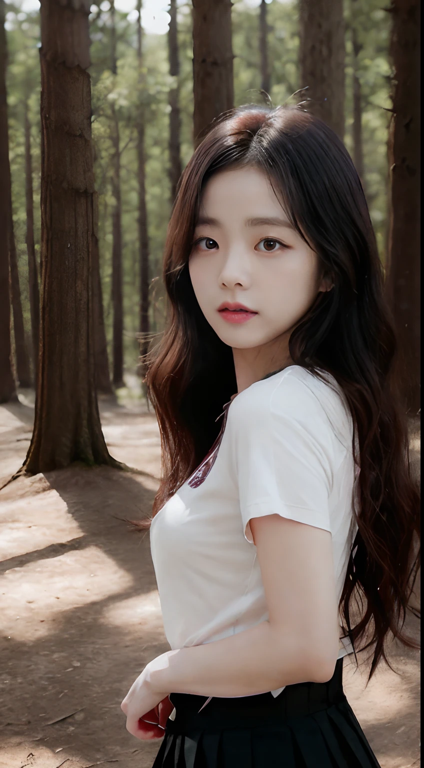 ((Jisoo from Blackpink)), t-shirt, tiny pleated skirt, black stockings up to the waist, high heels, close-up from thighs to face, from below, holding the edge of the skirt with her hands, breasts exposed, very light skin, very long hair , wavy hair, camp, forest, photorealistic, indirect lighting, volumetric light, ray tracing, hyperdetailed, best quality, high resolution, HDR, 8k