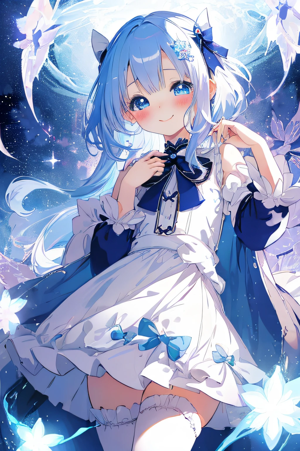 beautiful illustration, best quality, cute petit girl, (transform sequence), transform magical girl, chibi, white magical girl, fractal art, albino, babyface, blue hair, blue eyes, smile, blush