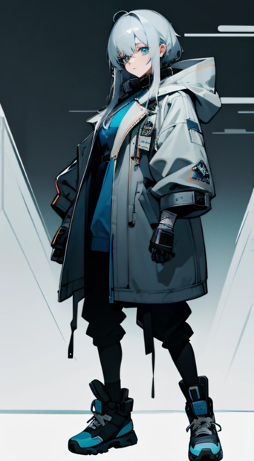 Gray hair，Royal sister，Cyberpunk style grey hooded coat，Leather boots，Long knife in hand，Bandage underwear，Chunky sneakers，Mechanical face lines，Dark blue throughout，cold shades