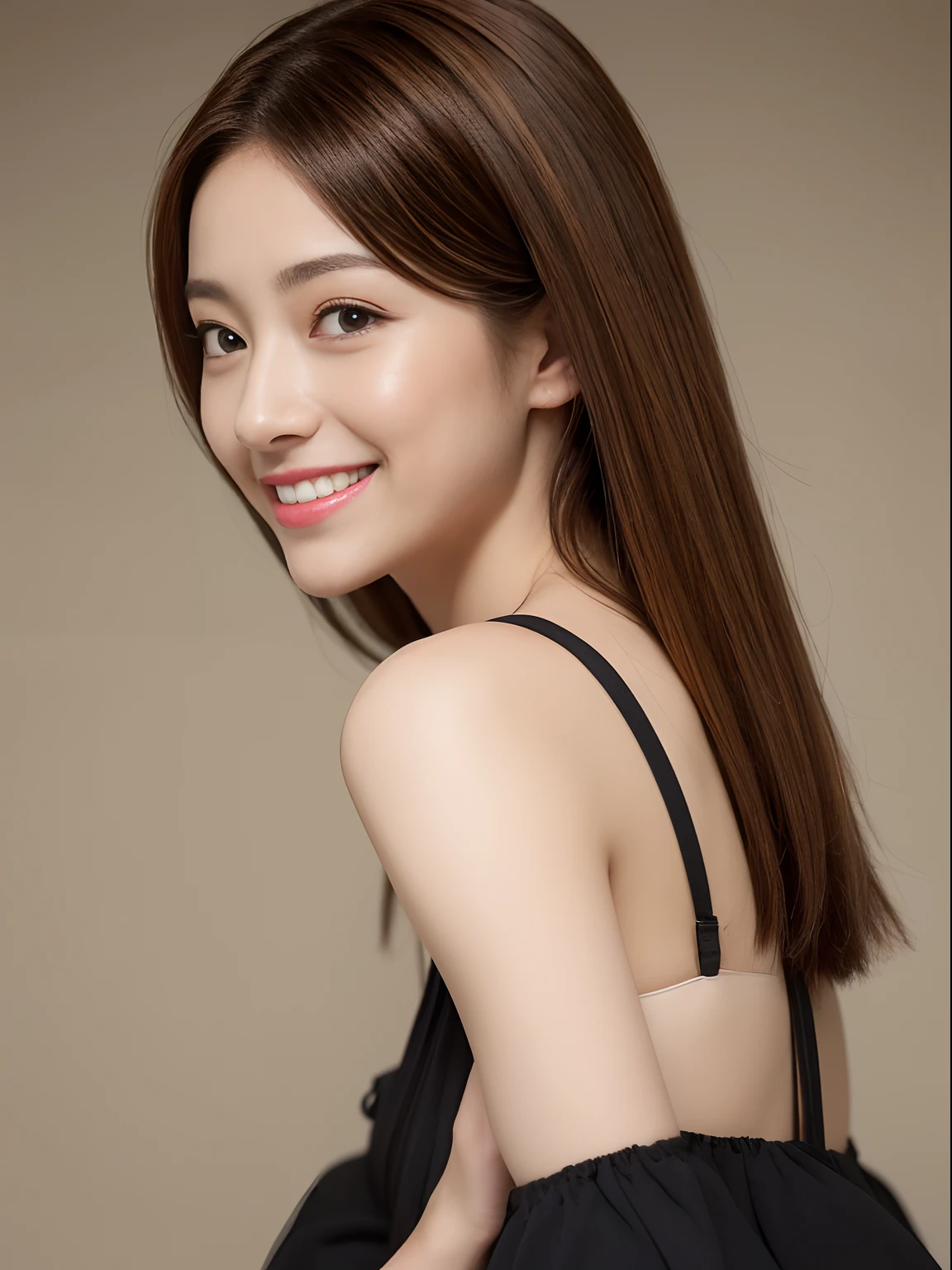 1girl in、a beauty girl、beautiful vintage color、Instagram(Photorealsitic、hight resolution:1.4)、(8K、Raw photography、top-quality、masterpiece:1.2)、(realisitic、Photorealsitic) :1.37)、(foco nítido:1.2)、Professional Writing、photon maping、(de pele branca:1.2)、Viewer's Perspective、(Chestnut middle hair:1.5)、portlate、bangss、(symple background:1.4)、独奏、The upper part of the body、realisitic、(masterpiece:1.4)、(top-quality:1.4)、(glowy skin)、makeups、A smile(skinny、Mouth closure、full of shyness:1.3)、(Black off-shoulder:1.3)、Medium bust、sexypose、