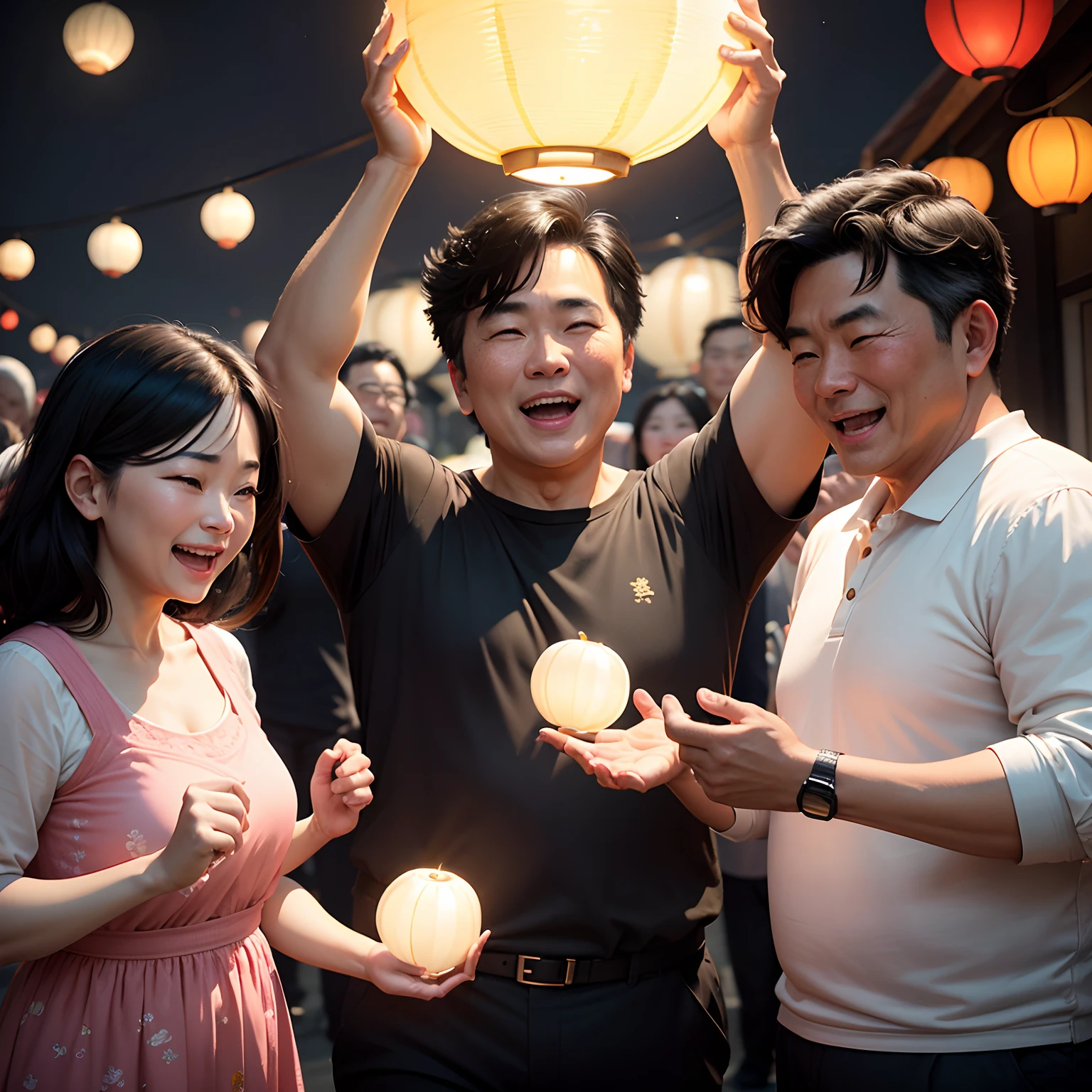 Moon，natta，Mid-Autumn Festival，Celebrate，Three middle-aged men with black hair，A middle-aged woman with black hair，cheerfulness，big laughter，congratulate，lantern，trousers，Face the lens，Cartoon style