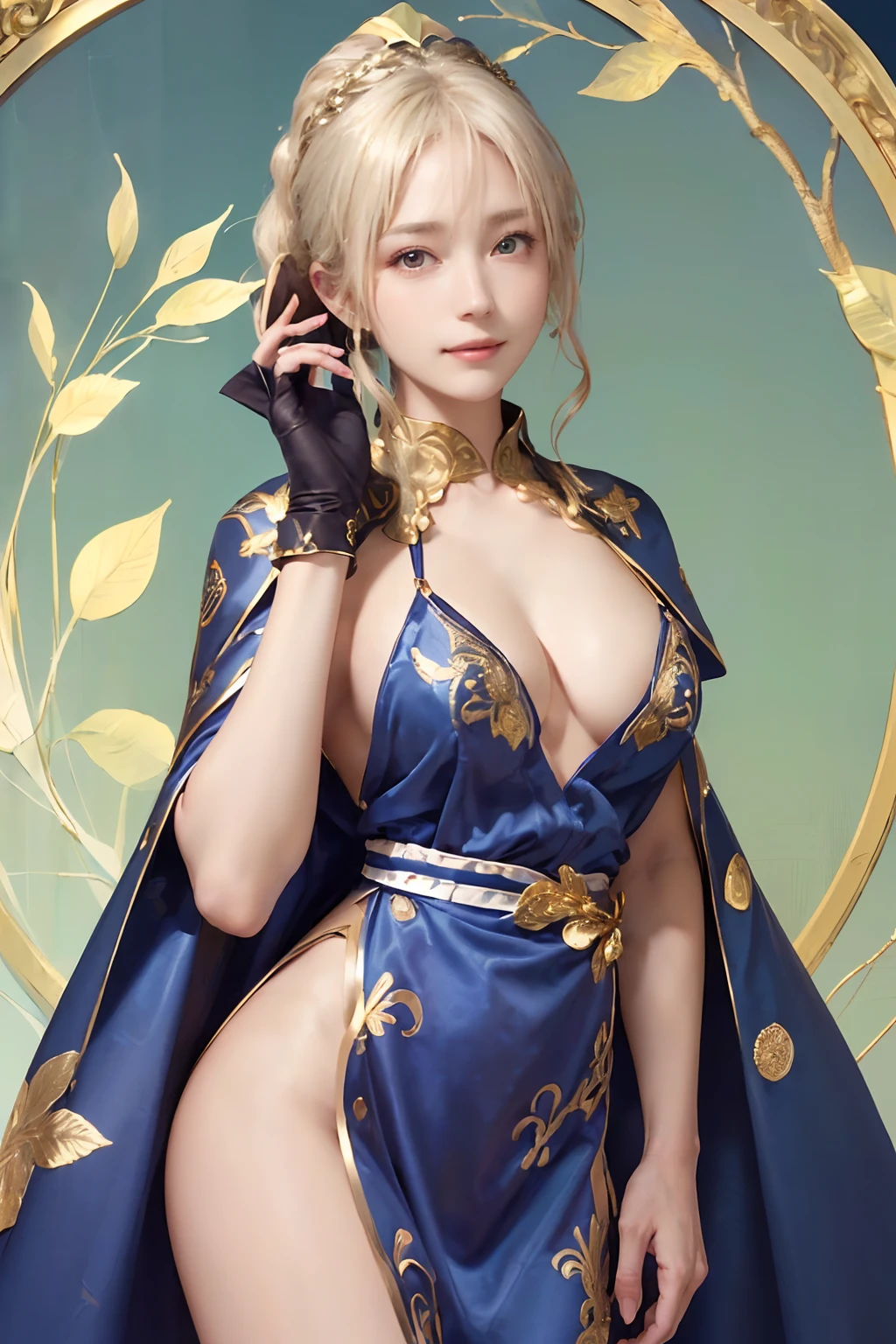 ((top-quality、8K、masterpiece:1.3)), (Longhaire, Beautiful hairstyle, Platinum Blonde Hair:1.5)、(Intricately drawn pattern in gold leaf, Delicate workmanship, Blue and white fabric:1.4, maid dress:1.5), Clear, Fine-grained skin、Beautiful clear eyes、cleavage of the breast、Carefree and natural smile、(Hair disheveled in the wind:1.3)、Beautiful girl with a smile、(thin-waist:1.3)、(Dynamic and provocative poses:1.2)