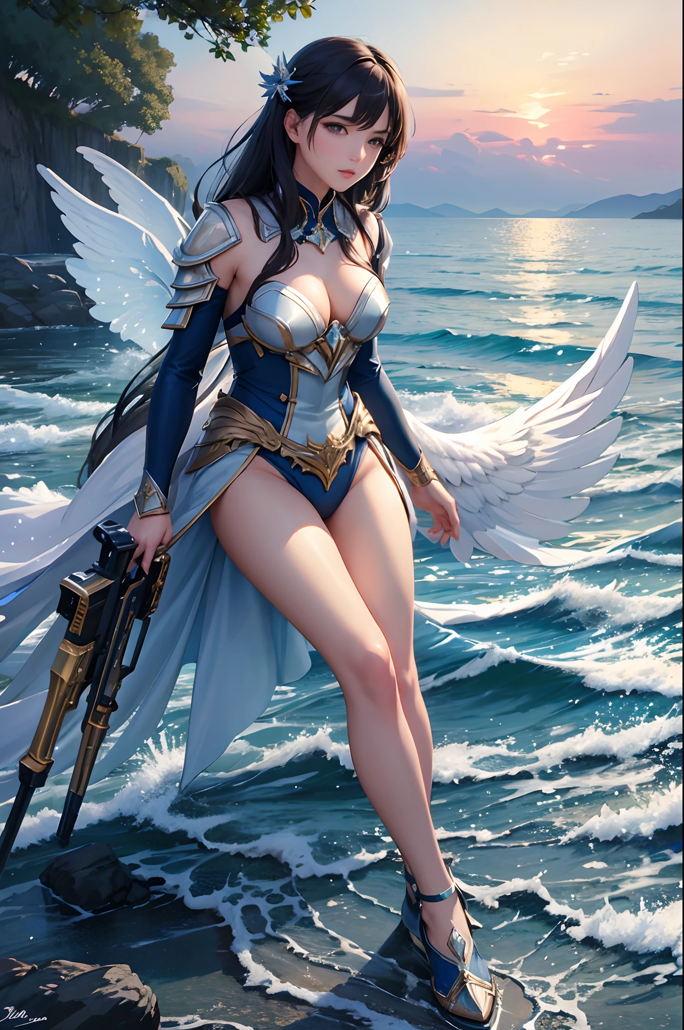 (masterpiece, best quality:1.3),extremely high detailed, intricate, 8k, HDR, wallpaper, cinematic lighting, sky, flying, holding weapon, glowing, armor, glowing eyes, mecha, realistic,mecha, large wings, masterpiece, ultra detailed, 4k, 8k, best quality, Correct fingers, 1girl, solo, Transparent hair, Water hair, water clothing, shimmering surface of the water, morning glow sea, Hand-painted brushstrokes