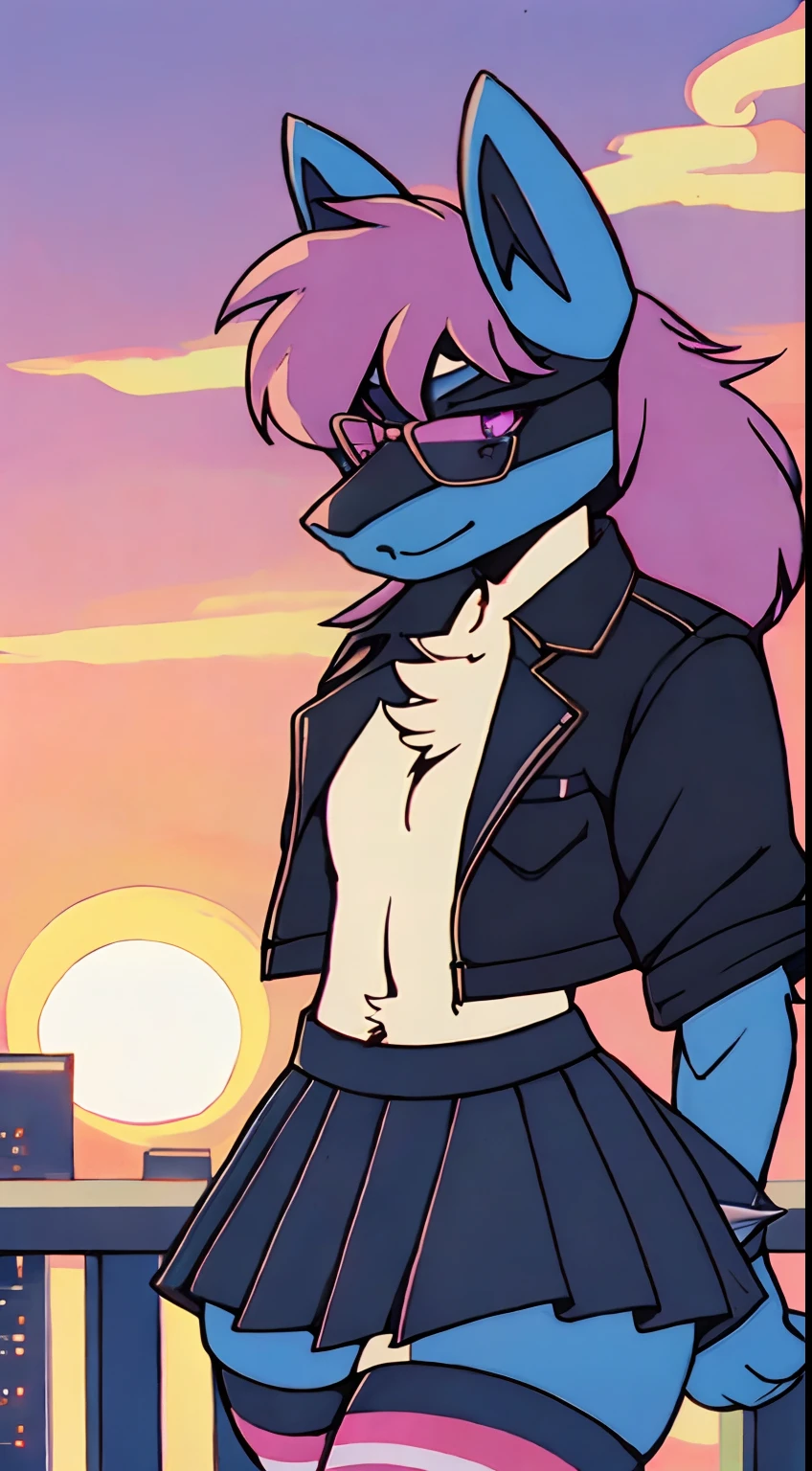 Mute pastel colors， Smooth photos， Retro soul, 1990s animation, 1980s animation, Retro soul， Retro anime style， Masterpiece, Best Quality, Lucario, furry, solo female, Lucario Pokémon, skirt, thigh high socks, crop top black jacket, Retro Lucario fanart, 1990s anime, retro animation, transgender women, sunset over city background, very detailed background, bandana, white chest spike, pink eyes, high definition eyes, very detailed eyes, chubby, small amount of pink hair on top of head with purple highlights, blue fur, cute bandana, trans flag bandana, picturesque background, 1 horizon line, thin framed rose tinted rimless glasses, thin framed gradient rose tinted glasses, perfect background, beautiful background, black jacket, black face markings, no shirt, midriff, belly button, black thigh high socks