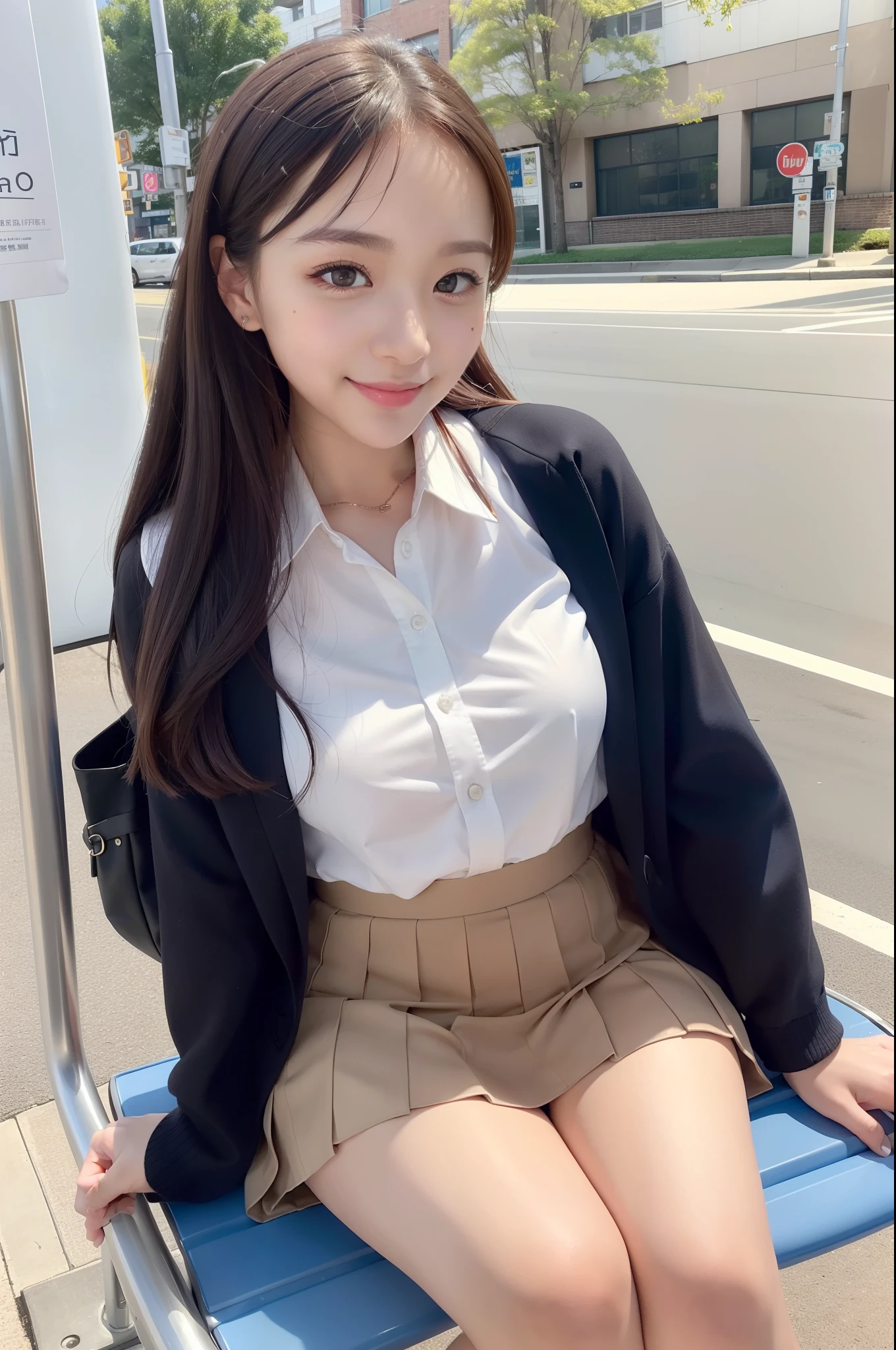 1womanl、(Super beautiful)、(ultra beautiful faces:1.5)、(white  panties)、(Clear pubic contours)、Spread your legs、(high-school uniform)、Plaid mini skirt、Subway seats、(At SFW:1.1)