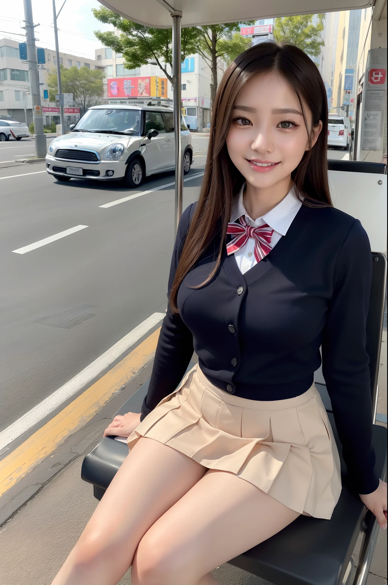 (nsfw, uncensored), BREAK, Japanese train, long seats, BREAK, (masterpiece, best quality, ultra detailed, (detailed face), detailed body, 8k), BREAK, (1 girl, Japanese, 14 yo, stout, cute round childish face, natural medium-long hair, closed eyes, natural gigantic breasts, innocent, lovely, smile, white shirt, green bowtie, green checked skirt, loafer, bare childish pussy, (sitting, spread legs softly:1.3), school bag aside, spread arms softly), perfect lighting, perfect hands, anatomical correct, front view, cowboy shot, perfect body balance