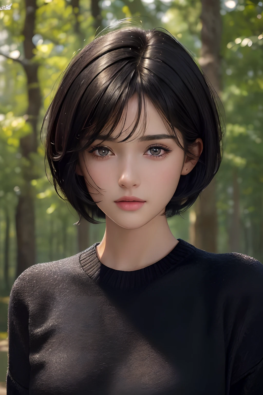 (masterpiece:1.3), (8k, photorealistic, RAW photo, best quality: 1.4), (1girl), beautiful face, (realistic face), (black hair, short hair:1.3), beautiful hairstyle, realistic eyes, beautiful detailed eyes, (realistic skin), beautiful skin, (sweater), absurdres, attractive, ultra high res, ultra realistic, highly detailed, golden ratio