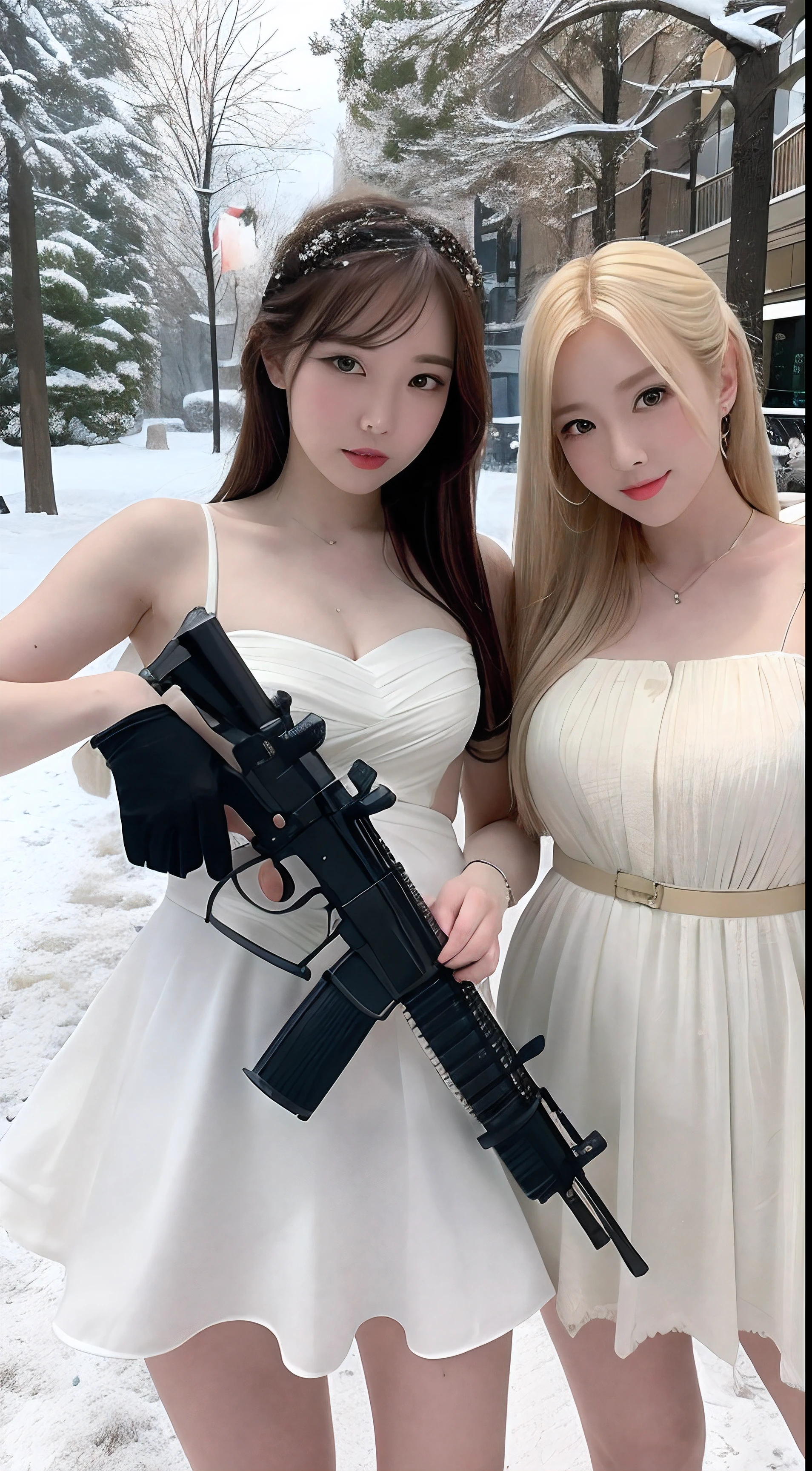 3 blonde women in white dress with gun and gun in snow, with rifle, m4 sopmod ii girls frontline, cinematic —ar 16:9, with pistol, snow army war, (Snow), —ar 16:9, Pose with weapons, White snow, twice, 🕹️ 😎 🔫 🤖 🚬, with a white muzzle，Like Yui Hatano's face，The other is the face of a Korean girl group