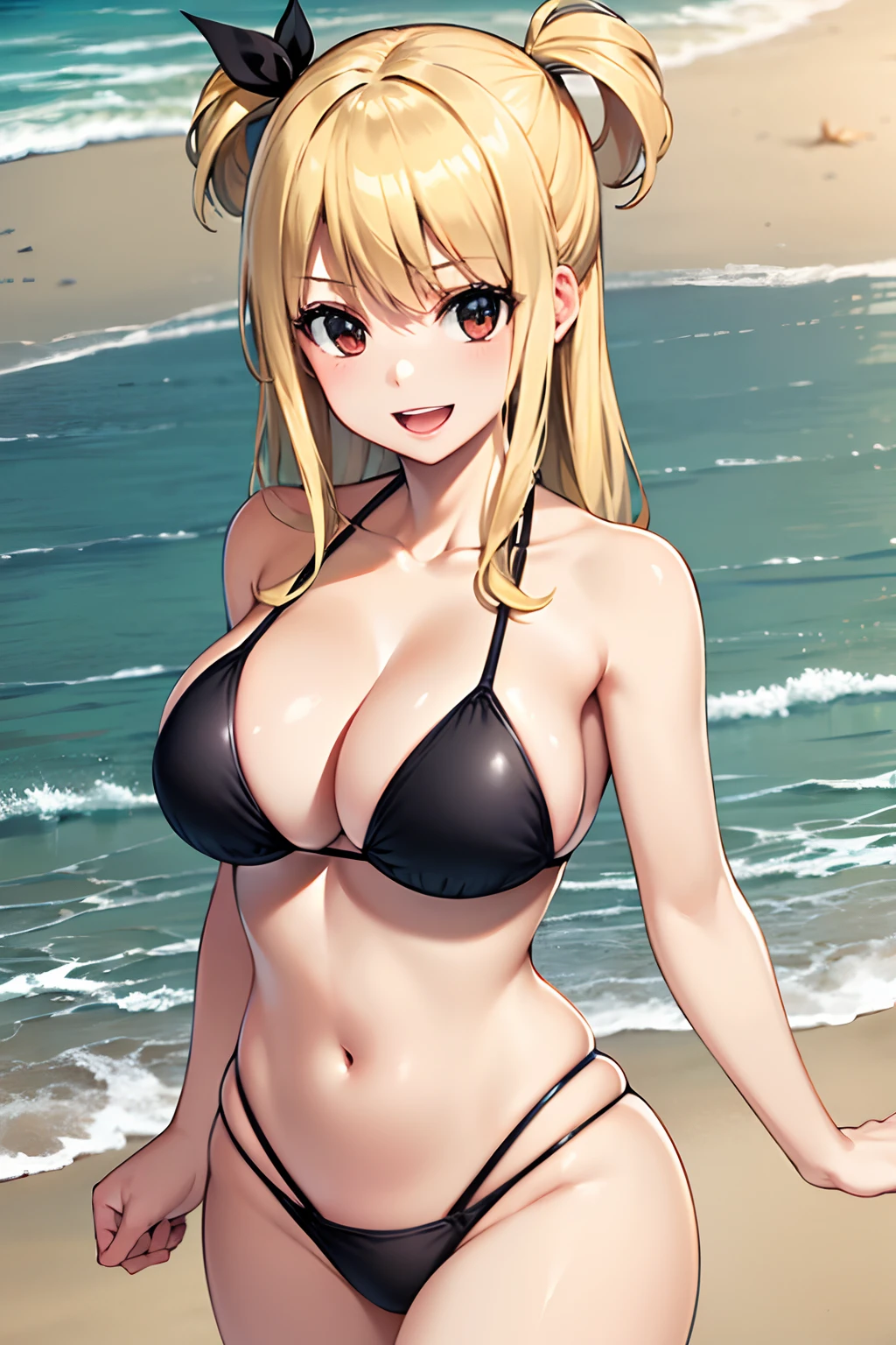 Master masterpiece, top-quality, High Definition, , Lucy Heartphilia, blonde hair, length hair, large full breasts, Smile with open mouth, Solo、cowboy shot, (Black Bikini:1.3)、(the beach:1.3)、