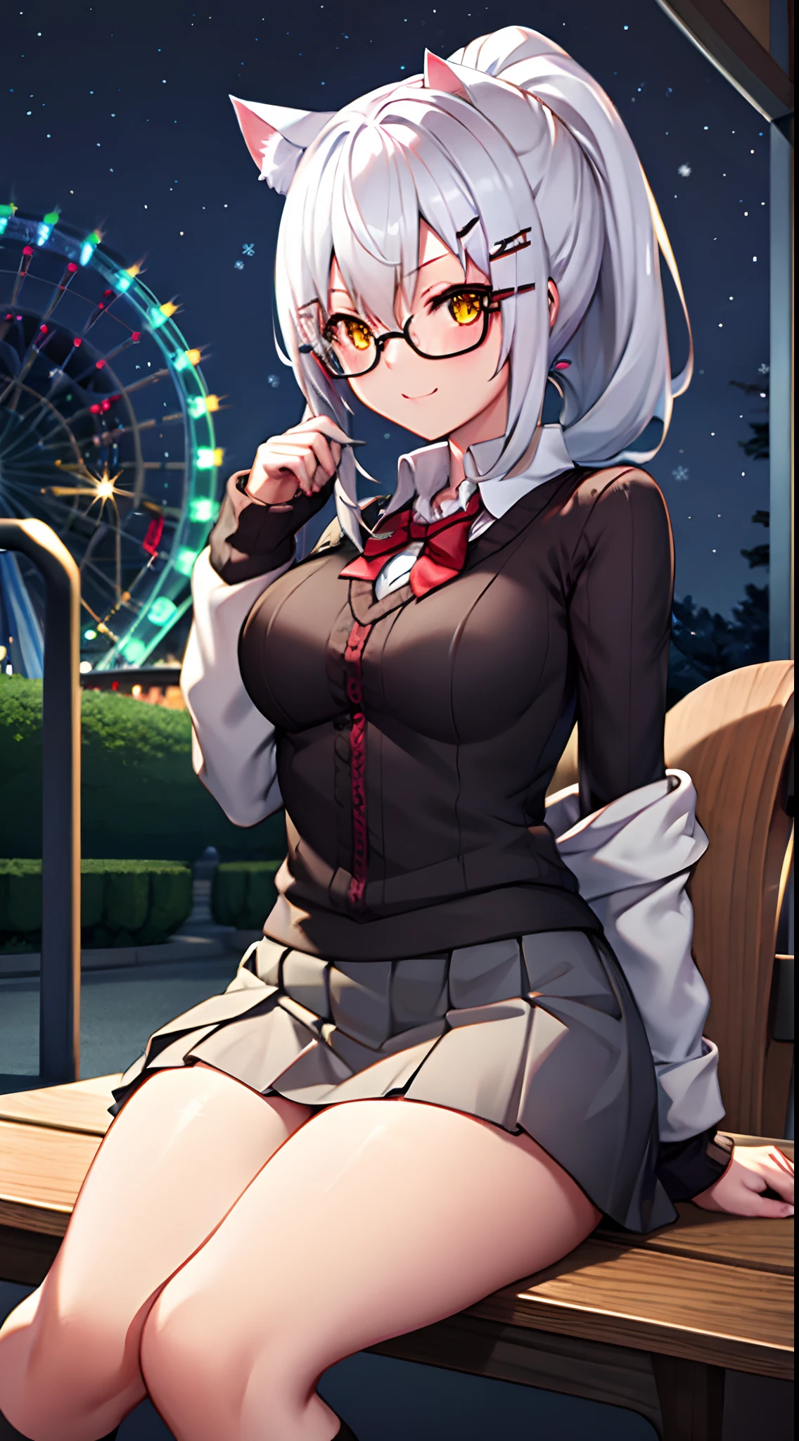 girls, white hair, yellow eye, cat ear, glasses, short skirt, school outfit, medium breast, stocking, ponytail hair style, night theme, park theme, sit on the chair, winter, medium thigh
