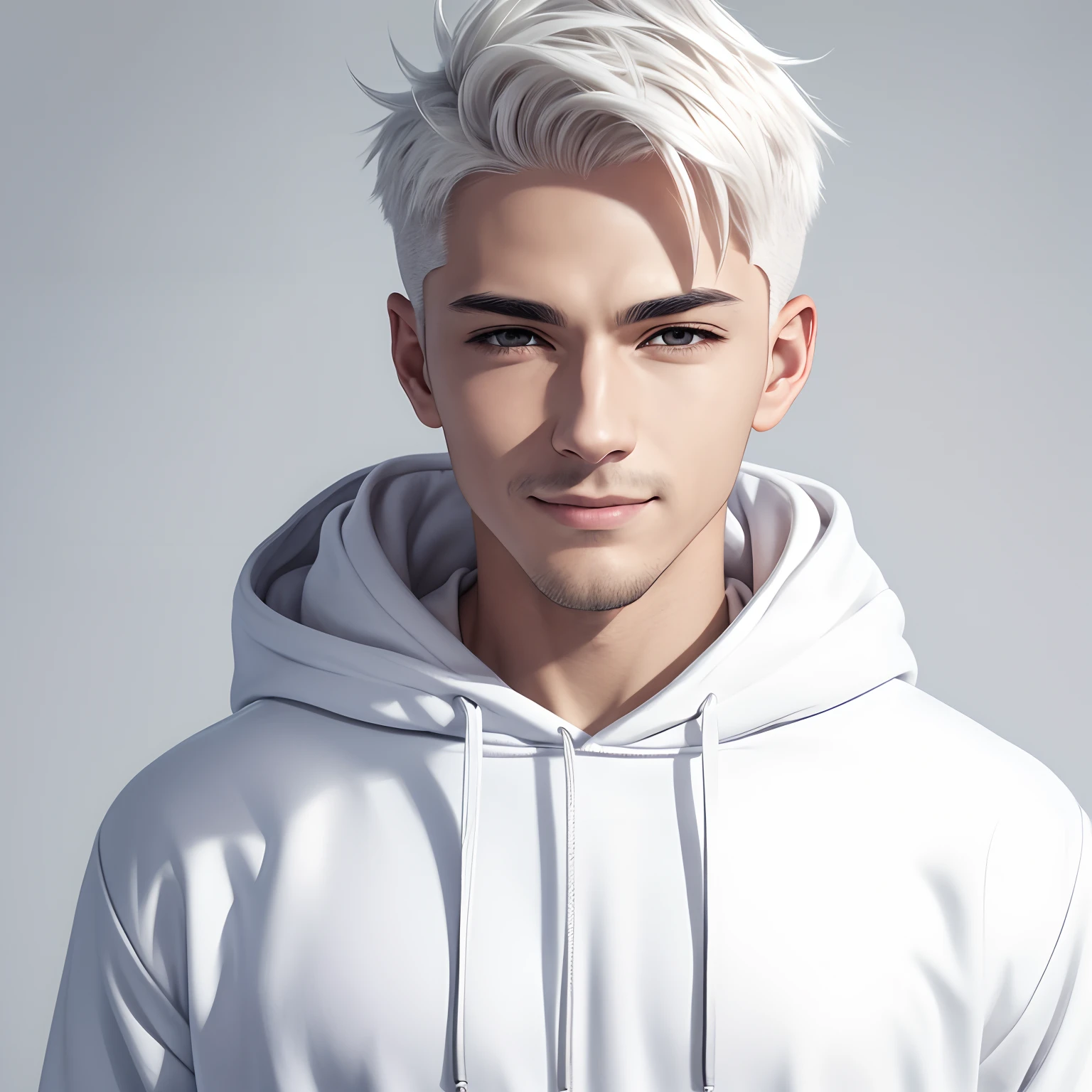 A man with an expression And happy, wearing a hoodie with his short platinum hair, all white background, anime art style, Focus on his face