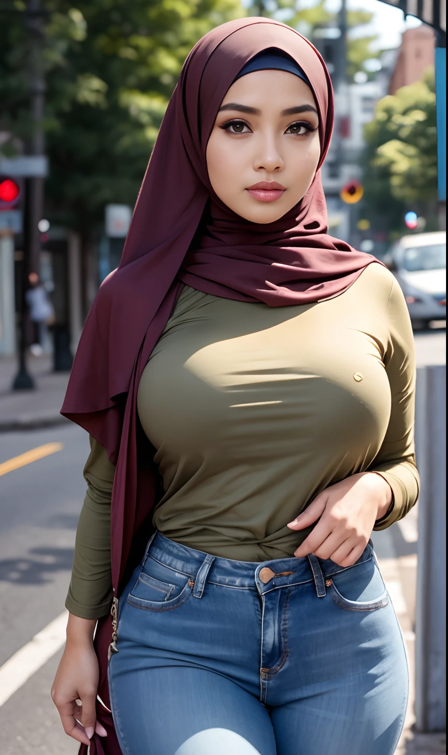 Best quality, high resolution, masterpiece: 1.3), beautiful Malay woman in hijab, big breasts, slim figure, tight t-shirt, jeans, street details and facial and skin textures beautifully rendered, eye details, double eyelids, chest great look,Very detailed,On the road,(bokeh)