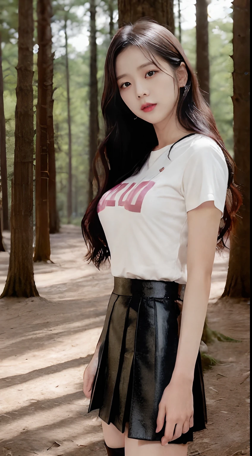 ((Jisoo from Blackpink)), t-shirt, tiny pleated skirt, black stockings up to the waist, high heels, close-up from thighs to face, from below, holding the edge of the skirt with her hands, breasts exposed, very light skin, very long hair , wavy hair, camp, forest, photorealistic, indirect lighting, volumetric light, ray tracing, hyperdetailed, best quality, high resolution, HDR, 8k