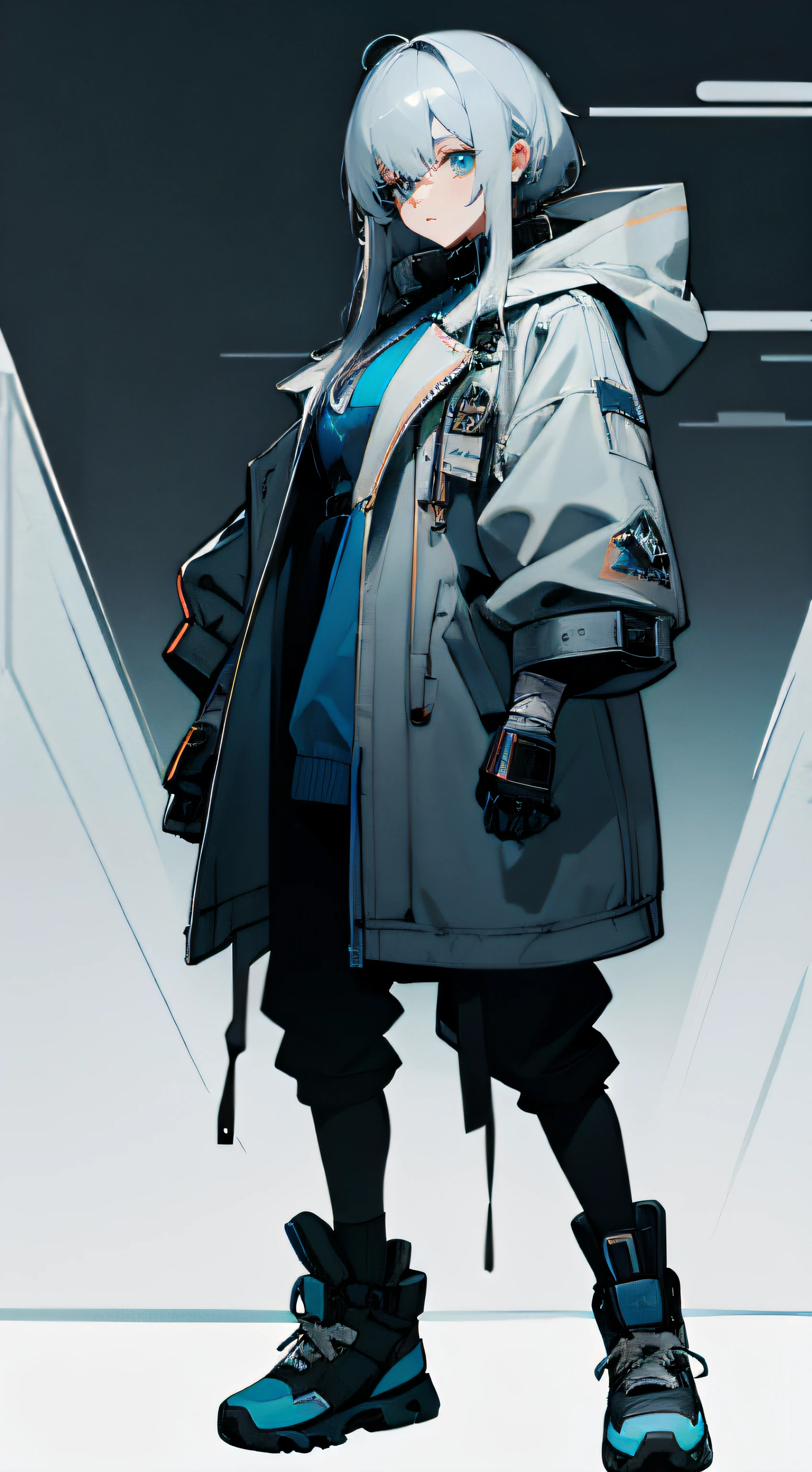 Gray hair,Royal sister,Cyberpunk style grey hooded coat,Leather boots,Long knife in hand,Bandage underwear,Chunky sneakers,Mechanical face lines,Dark blue throughout,cold shades