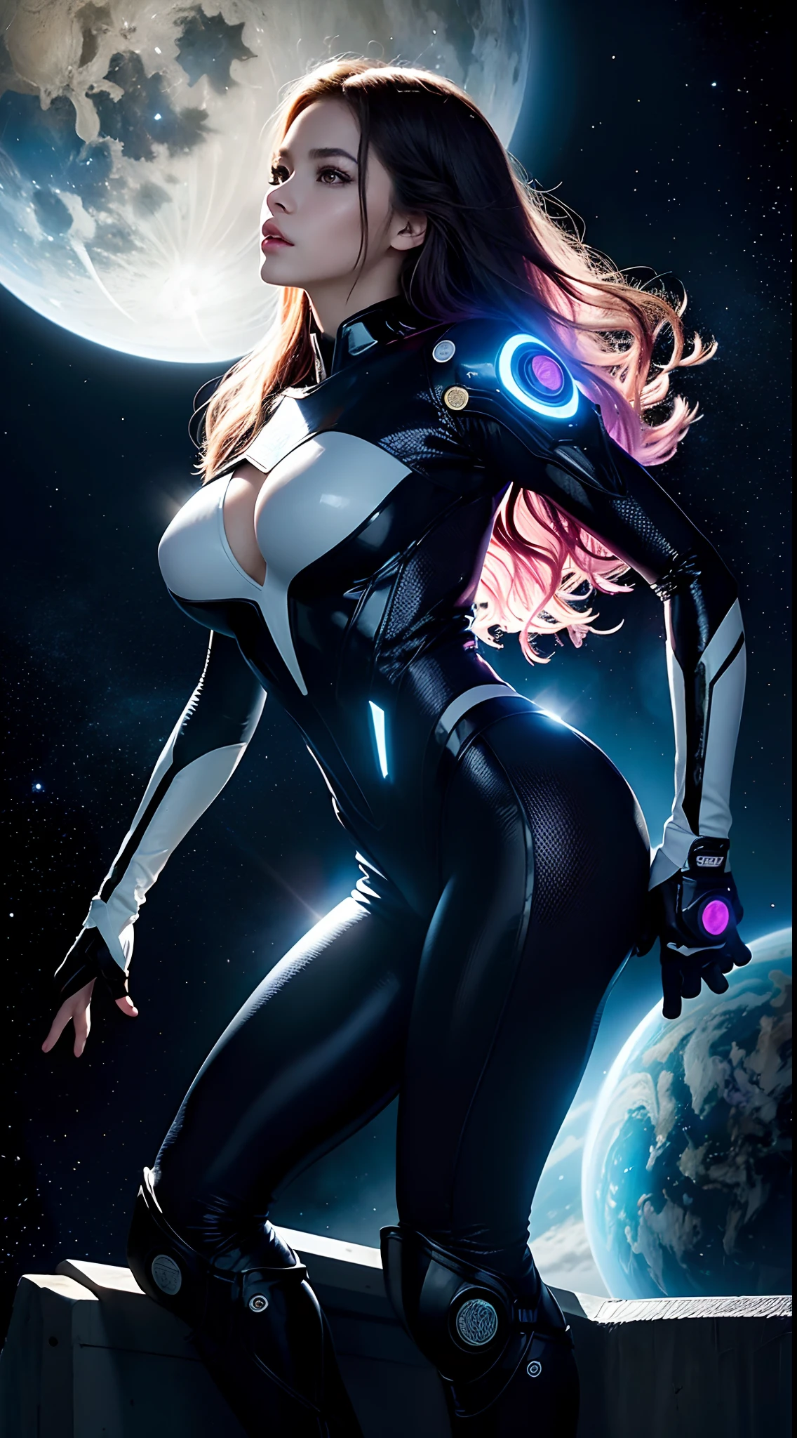 (tmasterpiece:1.2),best qualtiy,In space,(nigh sky,medium lenght hair:1.2),(illustratio:1.2),lindo cenario,dreads,(Elaborate luminescence,lens flare glow),(Hyper-detailing),Hyper-detailing,(exquisitedetails),(complexdetails),(Movie light,Best quality backlight),清晰的线条,New world,peeping at the viewer,Solo Woman,petty face,(Space Girl,the space),Oriental women,Girls are modeling figures,Solo Woman,Perfect body,Beautiful 16 year old girl,(1girll),(Bright bioluminescent hair,bright glowing eyes),(galaxias,Alien planet),(Astronaut wearing sexy futuristic style white tight spacesuit:1.1),(The material of the spacesuit is extremely light),The girl has a slender waist,smallunderboob, Big breasts Thin waist,bare shoulders,Bare legs,exposed waist,Latex tight spacesuit,The chest of the spacesuit shows the starry sky,Slightly closed eyes,(cyber punk perssonage),(dyna:1.3),(putting makeup on)),hight contrast,(The best lighting,Extremely refined and beautiful),((Movie Moonlight)),Extremely colorful,((Photoshop Pastel Painting:1.1)),aethereal,(Movie Masterpiece),suspense,Funk,(Starskrim),splash of color,absolutly eye-catching,((Caustics)),dynamic angle,big breasts beautiful(detailed glow),(spine-chilling),(Intricate movie scenes behind it:1.2),Environmental occlusion, (Ambient moonshine), ray-traced reflection, intricately detailed visible background , (Glowing spacesuit), terroral, (Bioluminescent vegetation:1.2), terroral, uneasy, A futuristic, terroral, (Hologram heads-up display), (Delicate Great Comet)