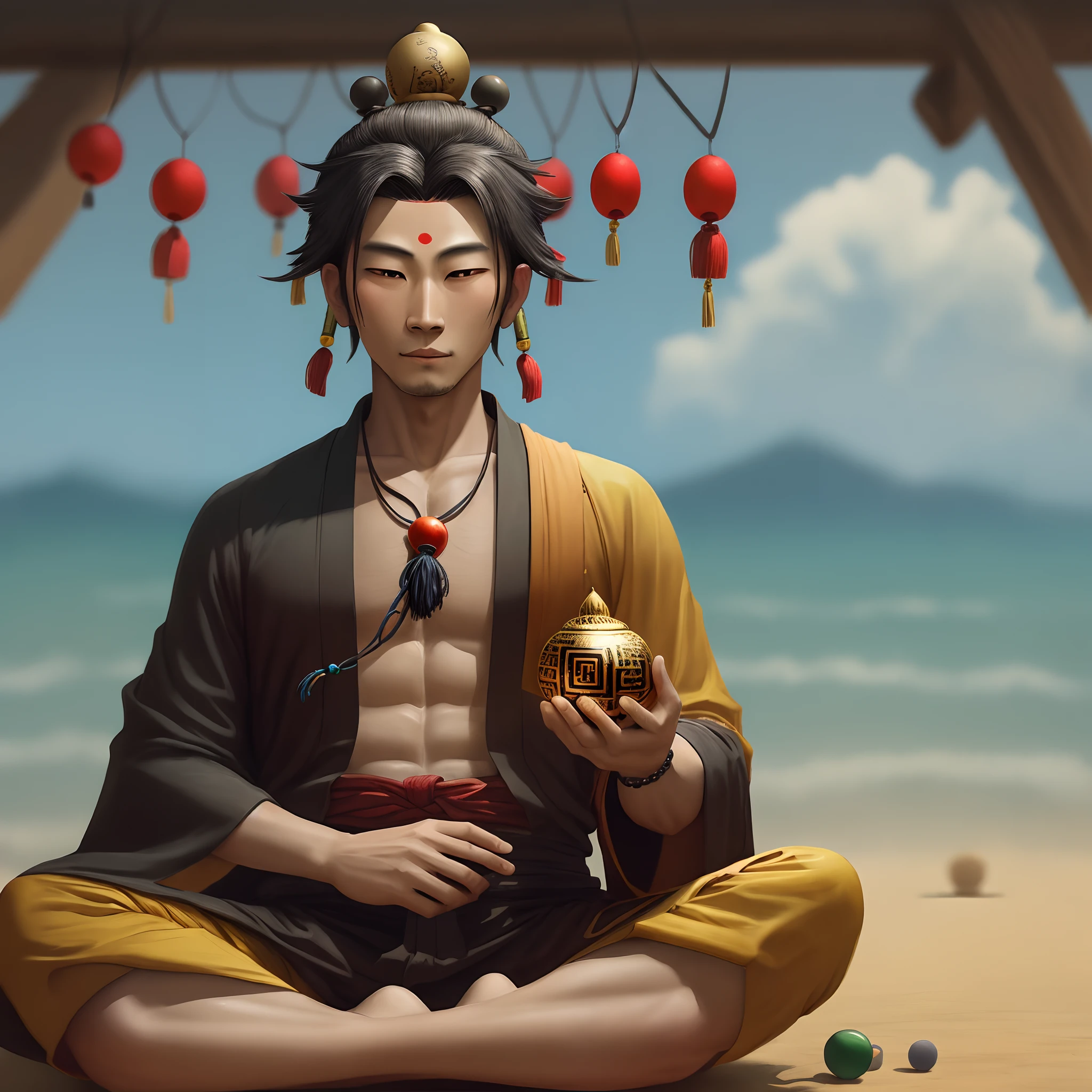 Sloppy Taoist,Holding a Buddha bead,Young and sloppy