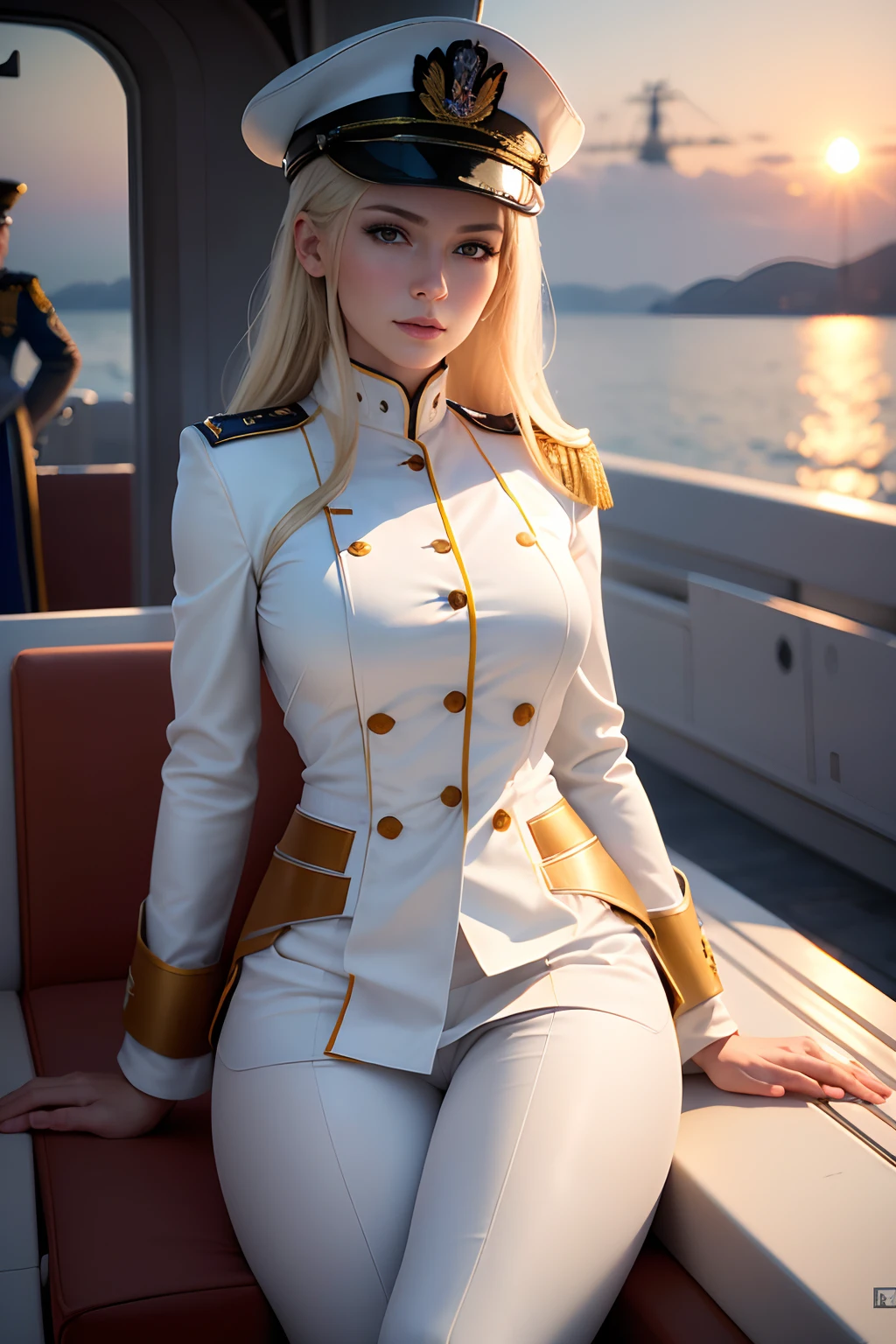 (8K,Photorealsitic RAW photography top-quality;1.4) (1 mature female) Super beauty (lifelike face) Blonde woman in white uniform poses on warship, Woman in white military uniform White military pants Naval officer Beautiful expression real looking skin 超A high resolution Precision details Warship deck Sunset