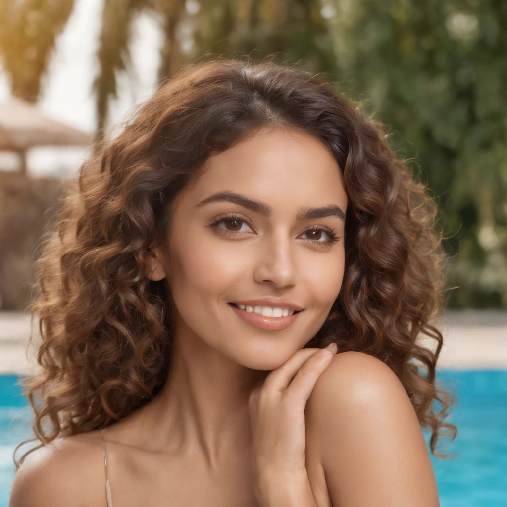 Tanned adult woman with obvious bikini top, (Seductive look and voluminous curly hair and happy expression in a sensual pose, Emplacement de la piscine, Sunny environment), Corps entier,8 km, Peau de Perfeira, Sunlight, Ombrage faible, delicate face, golden skin( Realstic, vibratoire, Sensuel, Foyer, tranchant) (bikini)