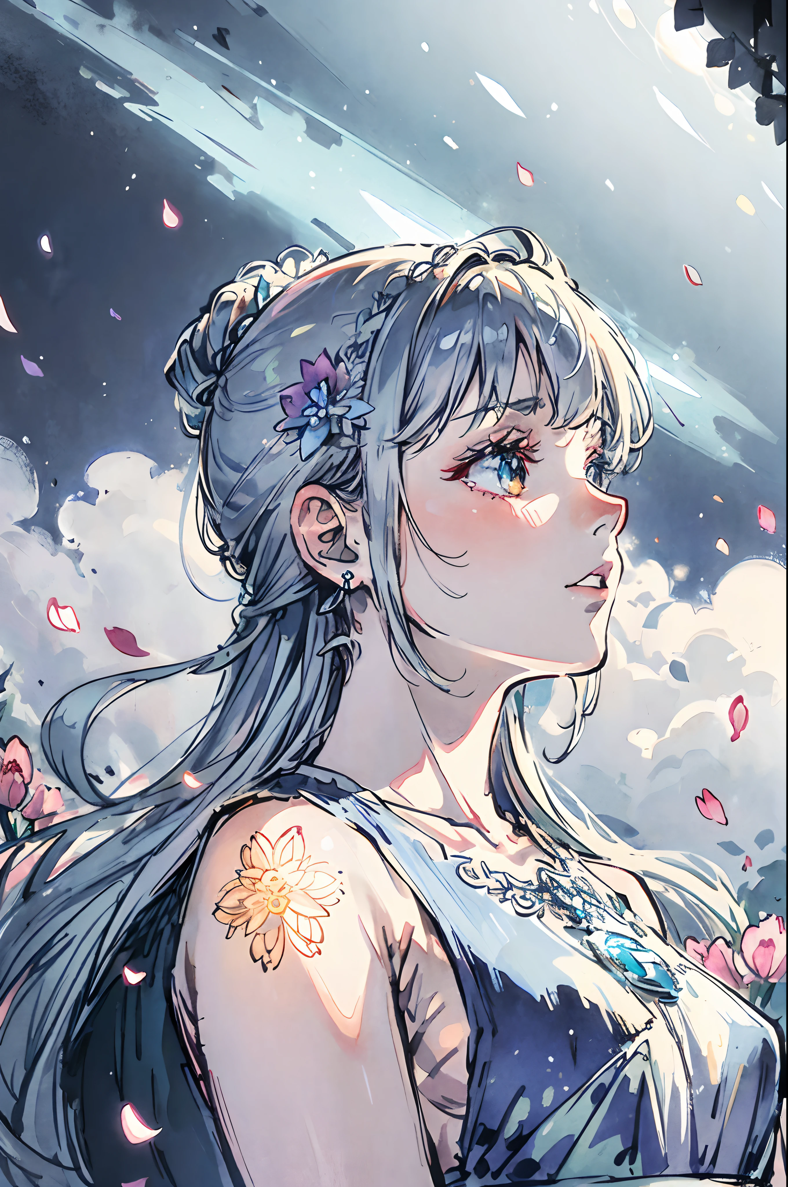 bouquet of delicate flowers Hyacinth, super transparent, holy light, beautiful spectral light, petals glow, flashing, dark background, transparent light drops, reflective light, bright, light flowing in, optics, portrait profile, sharp focus, magical, intricate, ultra realistic, fantasy, composition, light, trend in artstation, pearl, silver vapor patronus cloud, family of corrosive enveloping rays, 8k, ureal air 23v4 uplight