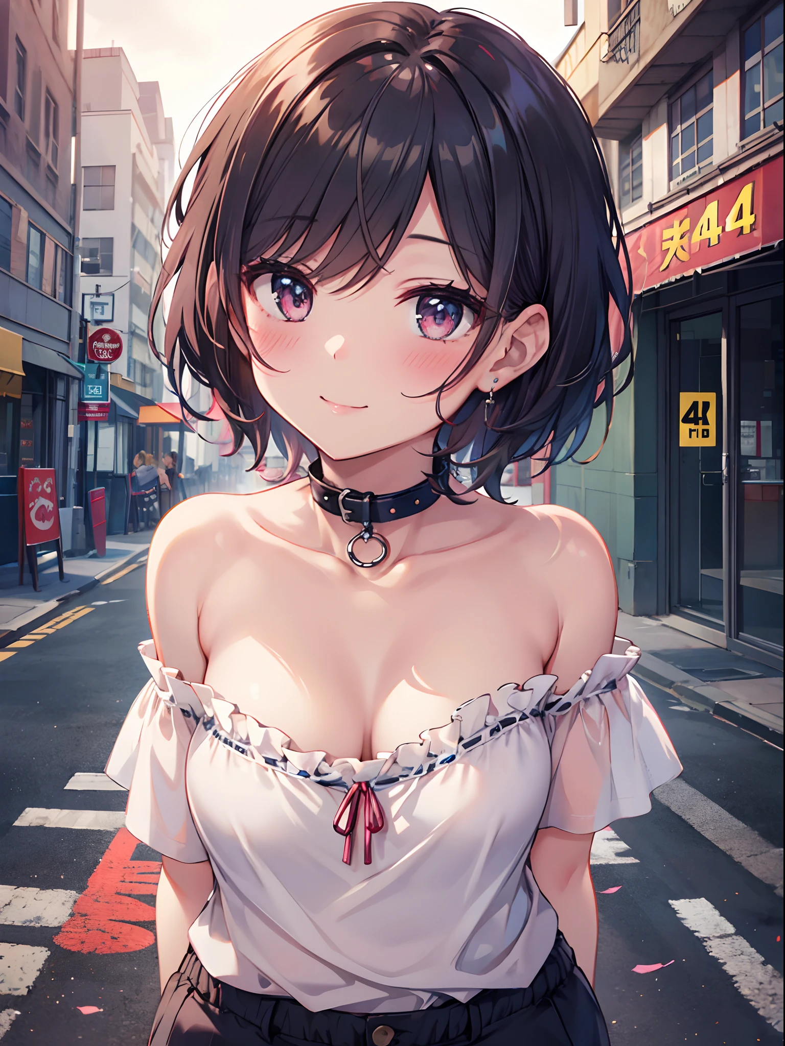 1girl in, (Chiquita:1.2), sarashina_ruka, Short hair, Dark hair,
(Close Shot, Best Quality, hight resolution, 4K, Detailed Lighting, Shaders, NSFW), 
White off-the-shoulder shirt, cleavage, Shorts, Street background, Smiling, Pink nipple, Strapless, Collar, Kiss the viewer, arms to viewer, 
(POV, Blushing)