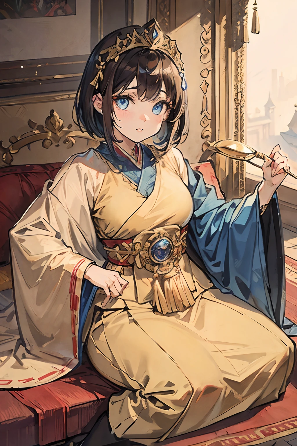 girl with short brown hair in ornamental garb ceremonial gold blue eyes inside palace