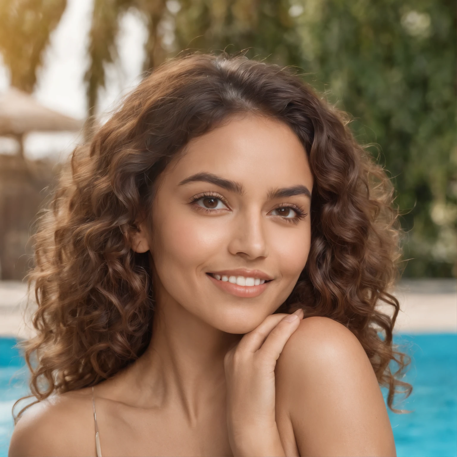 Adult woman with tanned brown skin with an obvious bikini top, (Seductive look and voluminous curly hair and happy expression in a sensual pose, Emplacement de la piscine, Sunny environment), Corps entier, Focus sur le marqueur bikini 8 K, peau et bronzage parfaits, Sunlight, Ombrage faible, delicate face, golden skin( Realstic, vibratoire, Sensuel, Foyer, tranchant) (bikini)