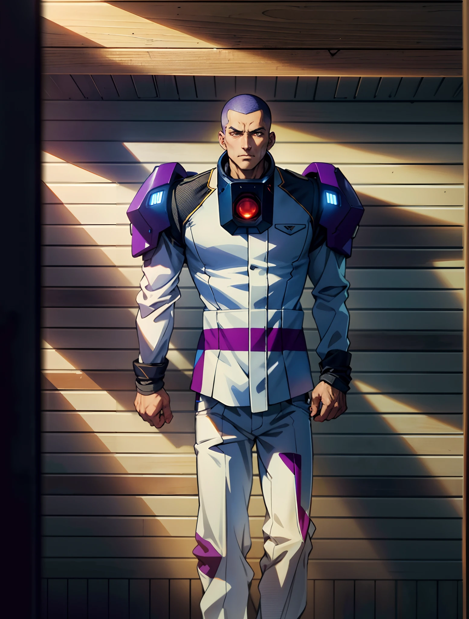 A man with a crew cut, a calm and rational expression, a wise gaze, wears a futuristic scientist's coat, primarily in shades of white, accented by touches of blue and purple, matching utility pants, standing in a mysterious laboratory of an ancient and advanced civilization, this character embodies a finely crafted a futuristic sci-fi scientist in anime style, characterized by an exquisite and mature manga illustration art style, high definition, best quality, highres, ultra-detailed, ultra-fine painting, extremely delicate, professional, anatomically correct, symmetrical face, extremely detailed eyes and face, high quality eyes, creativity, RAW photo, UHD, 8k, Natural light, cinematic lighting, masterpiece:1.5
