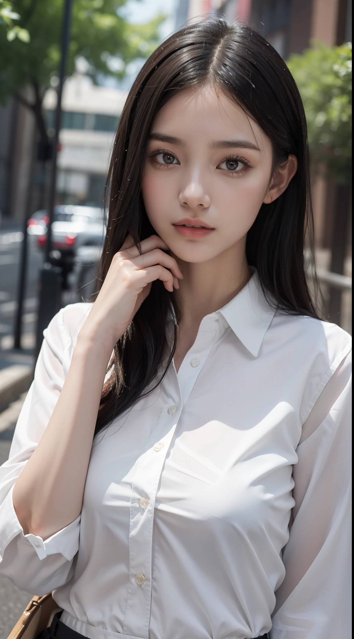 ((Best Quality, 8K, Masterpiece: 1.3)), Sharp: 1.2, Perfect Body Beauty: 1.4, Slim Abs: 1.2, ((Layered Hairstyle, Big Breasts: 1.2)), (Wet White Button Long Shirt: 1.1), (Rain, Street: 1.2), Wet: 1.5, Highly detailed face and skin texture, detailed eyes, double eyelids, side face looking at the camera