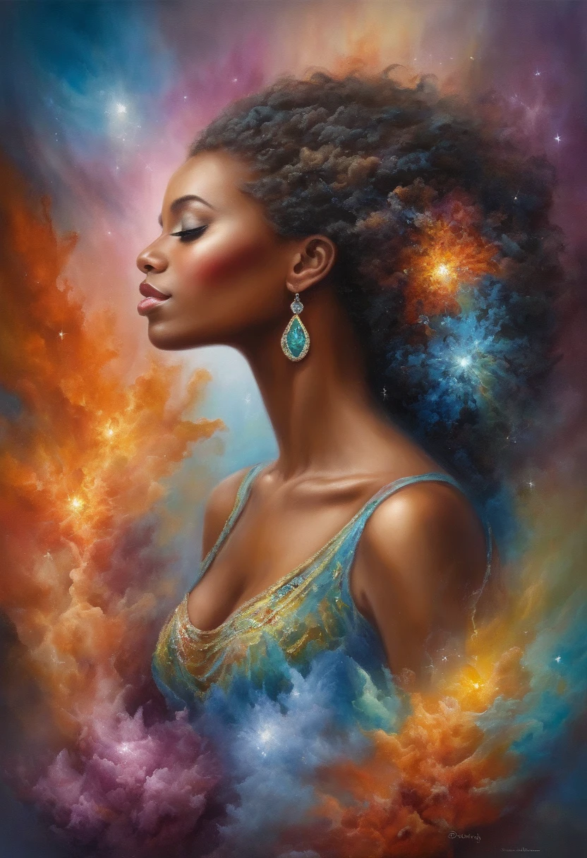 (oil painted),(Picture frame),romanticism lain, mistic, A beautiful young woman,Endless extra-long long hair, Flow around her, blown in the wind,(A soft wisp of rainbow smoke floated around her body) ,An elegant dress (Billowing smoke and the soft swirls of colorful cosmic nebulae), in the background (Stunning crystals and a variety of colorful minerals: 1.6), African girl