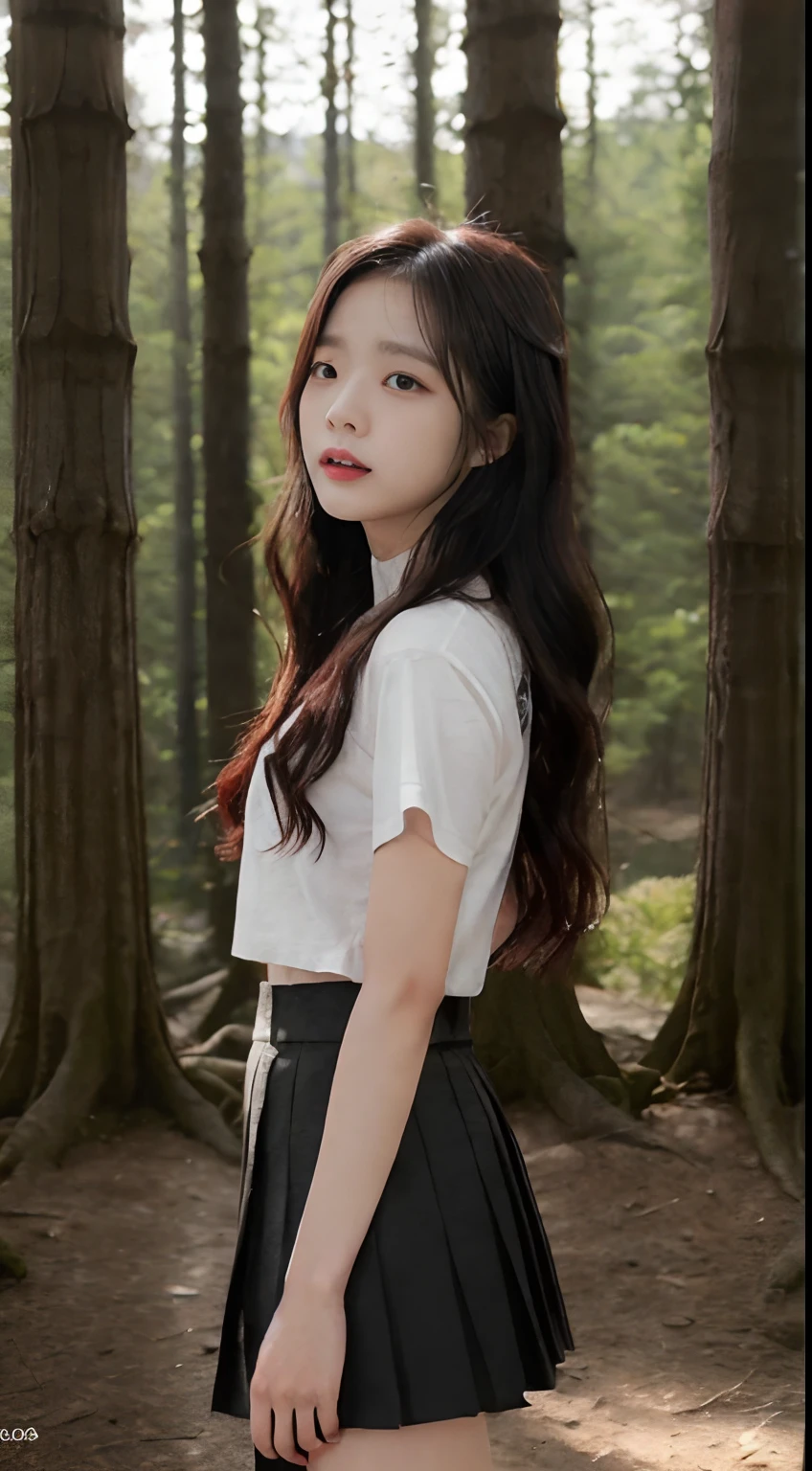 ((Jisoo from Blackpink)), t-shirt, tiny pleated skirt, black stockings up to the waist, high heels, close-up from thighs to face, from below, holding the edge of the skirt with her hands, breasts exposed, very light skin, very long hair , wavy hair, camp, forest, photorealistic, indirect lighting, volumetric light, ray tracing, hyperdetailed, best quality, high resolution, HDR, 8k