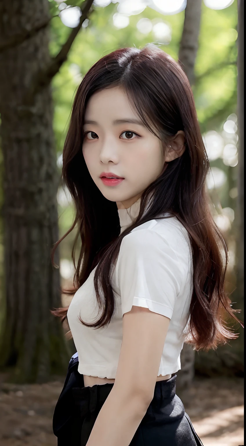 ((Jisoo from Blackpink)), t-shirt, tiny pleated skirt, black stockings up to the waist, high heels, close-up from thighs to face, from below, holding the edge of the skirt with her hands, breasts exposed, very light skin, very long hair , wavy hair, camp, forest, photorealistic, indirect lighting, volumetric light, ray tracing, hyperdetailed, best quality, high resolution, HDR, 8k