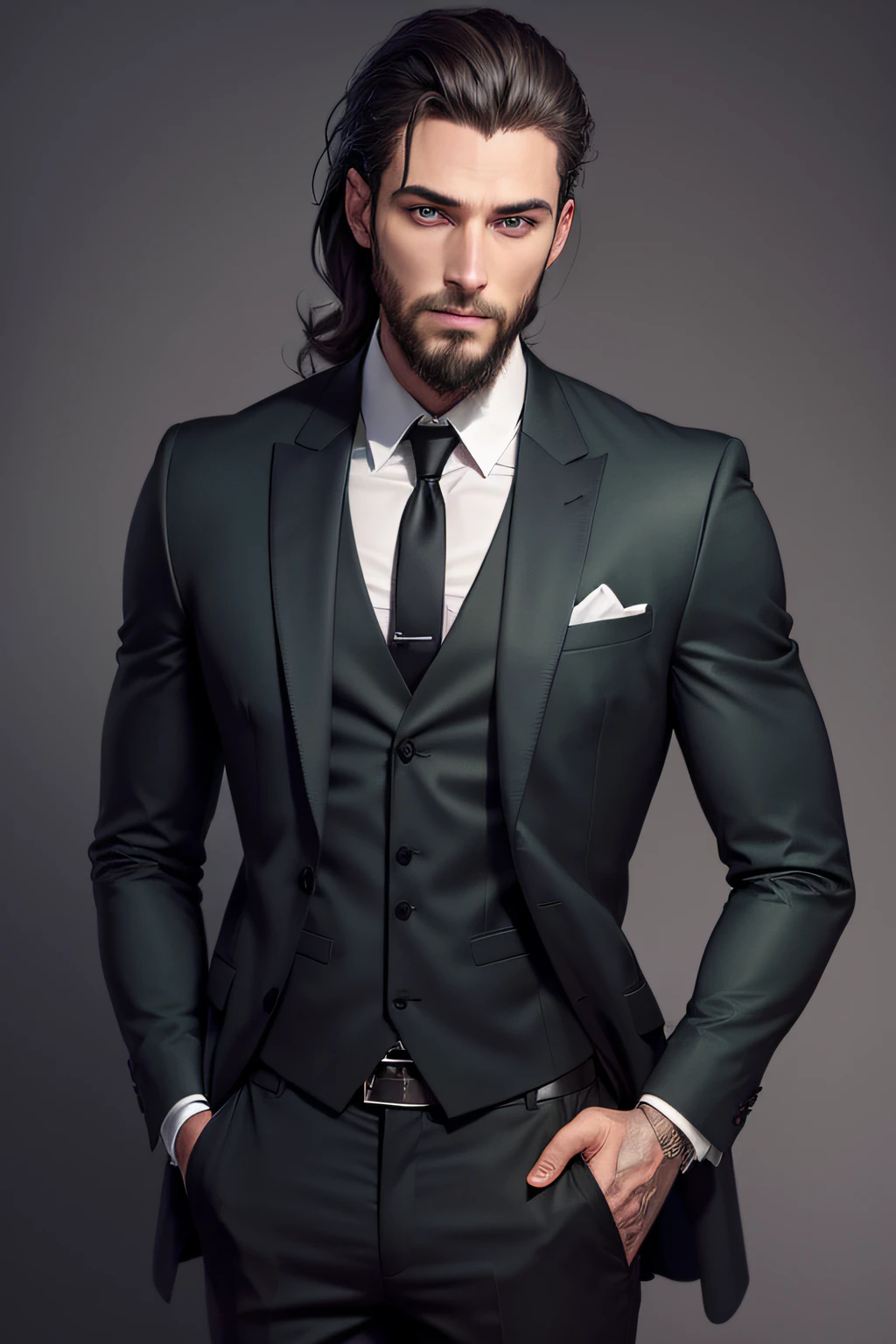 Homme de 35ans, Dressed in a suit, on a dark grey background, avec les cheveux noirs, dark green eyes, peau mate, chemise blanc, Barbe courte, veste de costumes noire, cheveux courts,