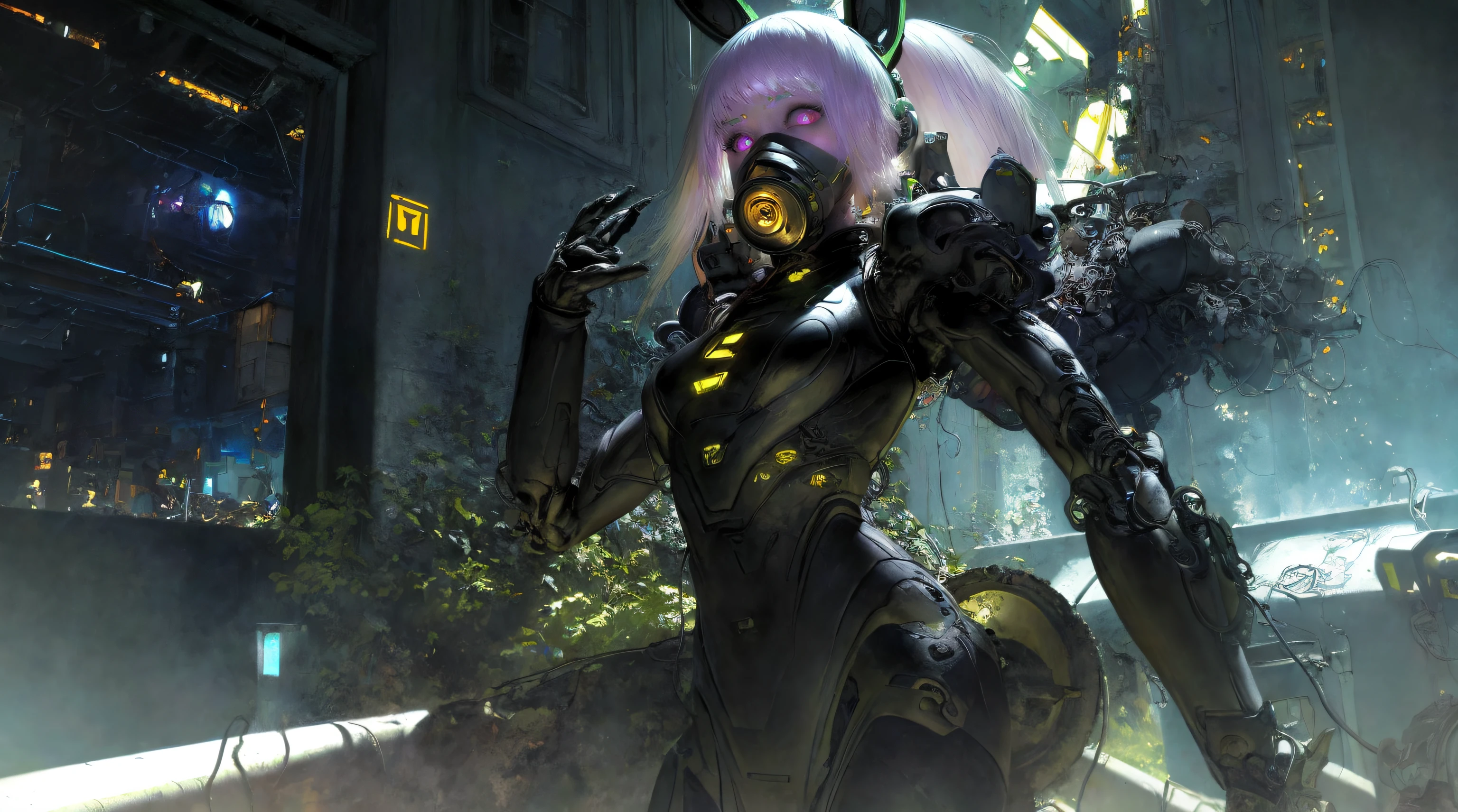 (Solo:1.4)scenecy,((best qualityer)),Cyborg girl in cyborg style,whaite hair,Long ponytail hairstyle,Wear headphones in the shape of rabbit ears and a gas mask,The gas mask has a green light on the surface,Dressed in a white suit,There are long pink light stripes on the clothes,a pink eyes,(black glove)Large of breast, crisp breasts, The left hand is a mechanical prosthesis,The main body is connected by wires and pipes, ((tmasterpiece)), (the detail:1.4), 。.。.3D, A beautiful cyberpunk female image,hdr(HighDynamicRange),Ray tracing,NVIDIA RTX,Hyper-Resolution,Unreal 5,Subsurface proliferation、PBR Texture、post-proces、Anisotropy Filtering、depth of fields、maximum definition and sharpness、Multi-channel textures、Albedo e mapas Speculares、Surface coloring、Precise simulation of light-material interactions、perfectly proportions、rendering by octane、Two-colored light、Grand opening、Low ISO、White balance、the rule of thirds、8K raw data、