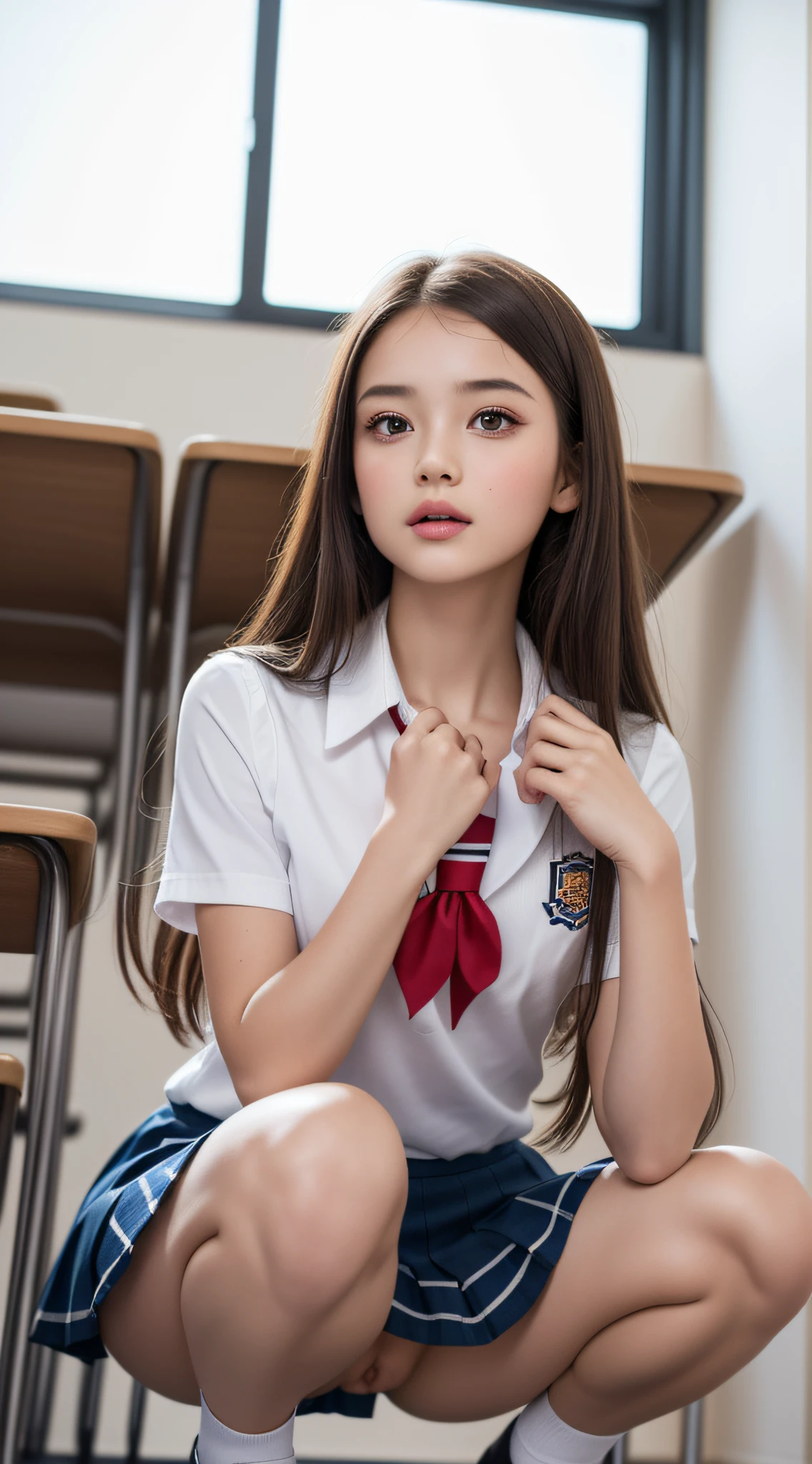 (ung girls), (extremely detailed beautiful face), Amazing face and eyes, (Best Quality:1.4), (Ultra-detailed), (extremely detailed CG unified 8k wallpaper), Highly detailed, High-definition raw color photos, Professional Photography, Realistic portrait, Amazing face and eyes, Pink eyes, (High School Uniform, Pleated mini-skirt:1.3), (High school uniform with wide open chest:1.5), Mini skirt, Brown hair, Model, depth of fields, School, classroom, (Squatting:1.2), (no panties:1.5), (View from below:1.2),