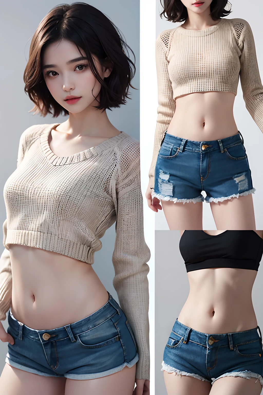 (masuter piece:1.3)、(8K、Photorealsitic、Raw photography、top-quality: 1.4)、(1girl in)、beautiful countenance、(Lifelike face)、(A dark-haired、short-hair:1.3)、Beautiful hairstyle、realisticeyes、Beautiful details、（real looking skin）、Beautiful skins、absurderes、enticing、超A high resolution、A hyper-realistic、high-detail、the golden ratio、((wide open abdomen))、((open abdomen))、((wide open navel))、((open navel))、((Mid-Riff Sweater))、((Ultra-low rise、Denim shorts))、((Navel Ejection))、((small hips))、((long limbs))、((Full body depiction))、((small  hip))、(Ultra-low rise))、((Denim shorts))、((is standing))、