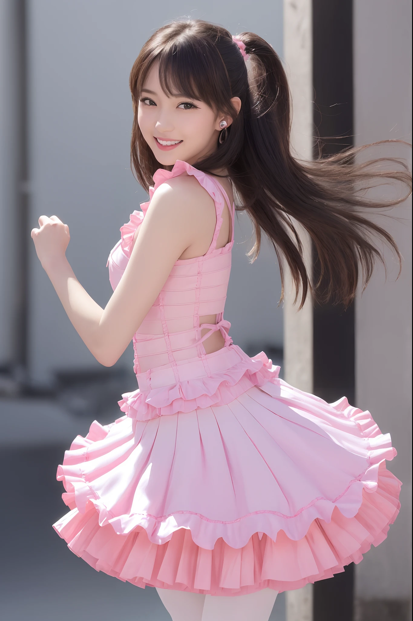 raw ((Portrait)), (Best Quality), (Realistic, Photorealsitic:1.3), Best Quality ,masutepiece, extremely delicate and beautiful, Extremely detailed ,nffsw ,Unity , 2k wallpaper, amazing, finely detail, masutepiece, Best Quality, Highly detailed ticker Unity 8k wallpaper, huge filesize , Ultra-detailed, hight resolution, Extremely detailed, Strong winds are blowing, bangss, stage, (((Pink idol costume with frills))), concert, (((pannier))),(spot light), (((Idle dance))), ((())), ((())),
(((1 girl in))) , Japanese, 年轻, A smile, ear, Dynamic Pose, dynamic ungle, (()), (Hair blown in the wind),
