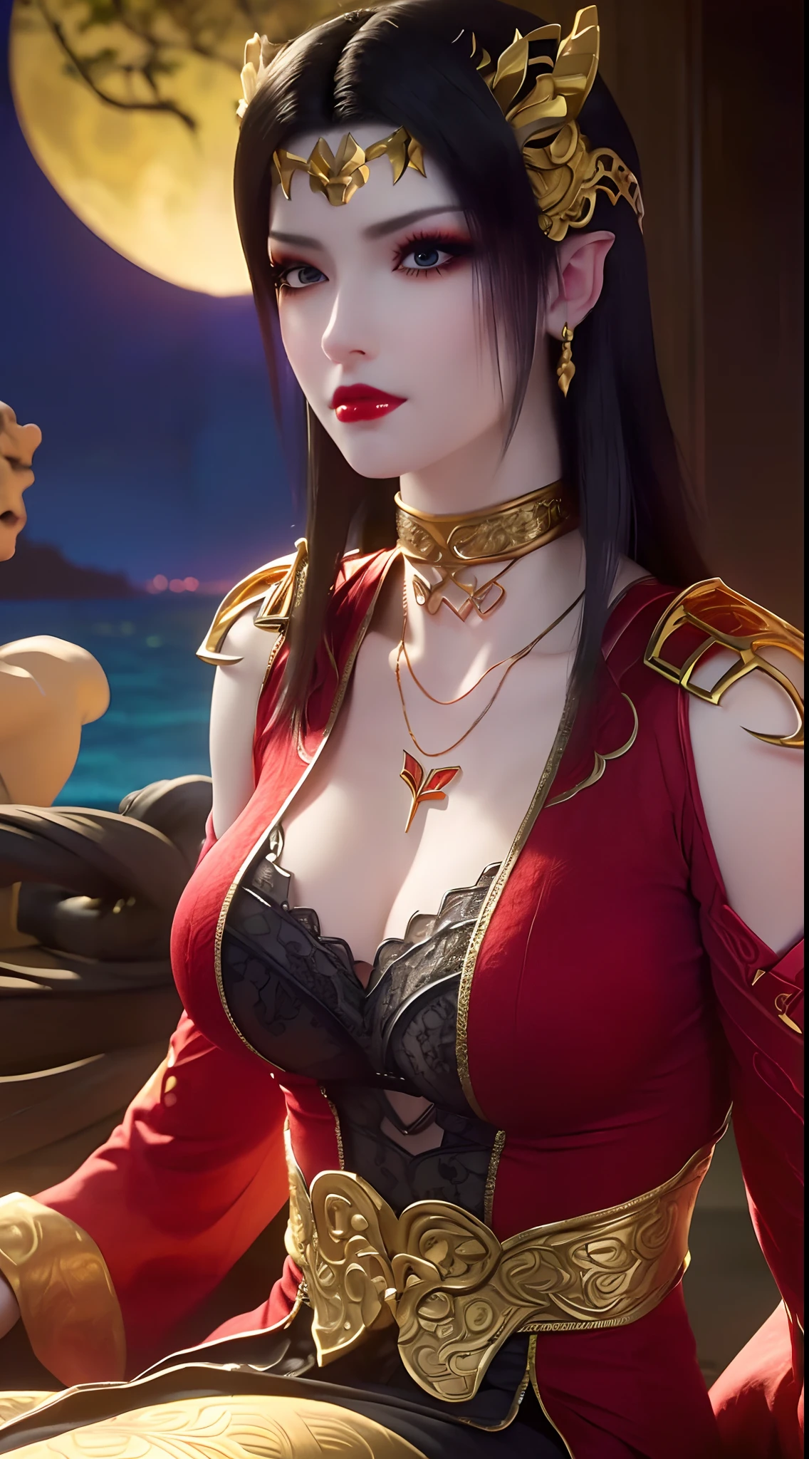 1 extremely beautiful queen, ((wearing traditional red hanfu with thin black patterns:1.6)), (((Patterns on clothes:1.6))), ((long black hair:1.6 )), elaborately crafted jewelry from precious stones and beautiful hair, (((wearing a 24k gold lace necklace:1.4))), noble, noble style of an extremely beautiful girl, Super cute little face, very pretty face, thin eyebrows, flawless beautiful face, ((black eye pupils: 0.8)), very beautiful eyes, ((platinum blue eyes: 1 ,6)), (((wide eyes: 1,6))), beautiful makeup and detailed hairdo, eyelashes, steamy eye makeup, high nose, earrings, red lips, ((closed mouth : 1.5)) beautiful lips, slim arms, most beautiful thighs, ((arms behind and spread out to the sides: 1.5)), ((bent sitting position with chest out toward the audience and arms behind :1.6)), rosy face, clean face, flawless beautiful face, smooth white skin, (( super big and round firm breasts: 1.8)), firm breasts, beautiful cleavage, beautiful breasts , perfect body, back arms, open chest, black sheer fishnet stockings with black lace trim, 8k photo, super high quality, super realistic, super 10 x pixel, optical, bright studio, bright edges, lighting two-tone, (high detail skin: 1.2), ultra 8k, soft light, high quality, volumetric light, optical, optical high resolution, light, best shot, quality 4k, 8k, blur effect, smooth sharpness, 10 x pixels, ((sea and moonlight in night background: 1.5)), aurora, lightning, hyper-realistic graphics, most realistic graphics, 1 girl, alone, solo, Extremely sharp, surreal image, (((frontal portrait: 1)))."