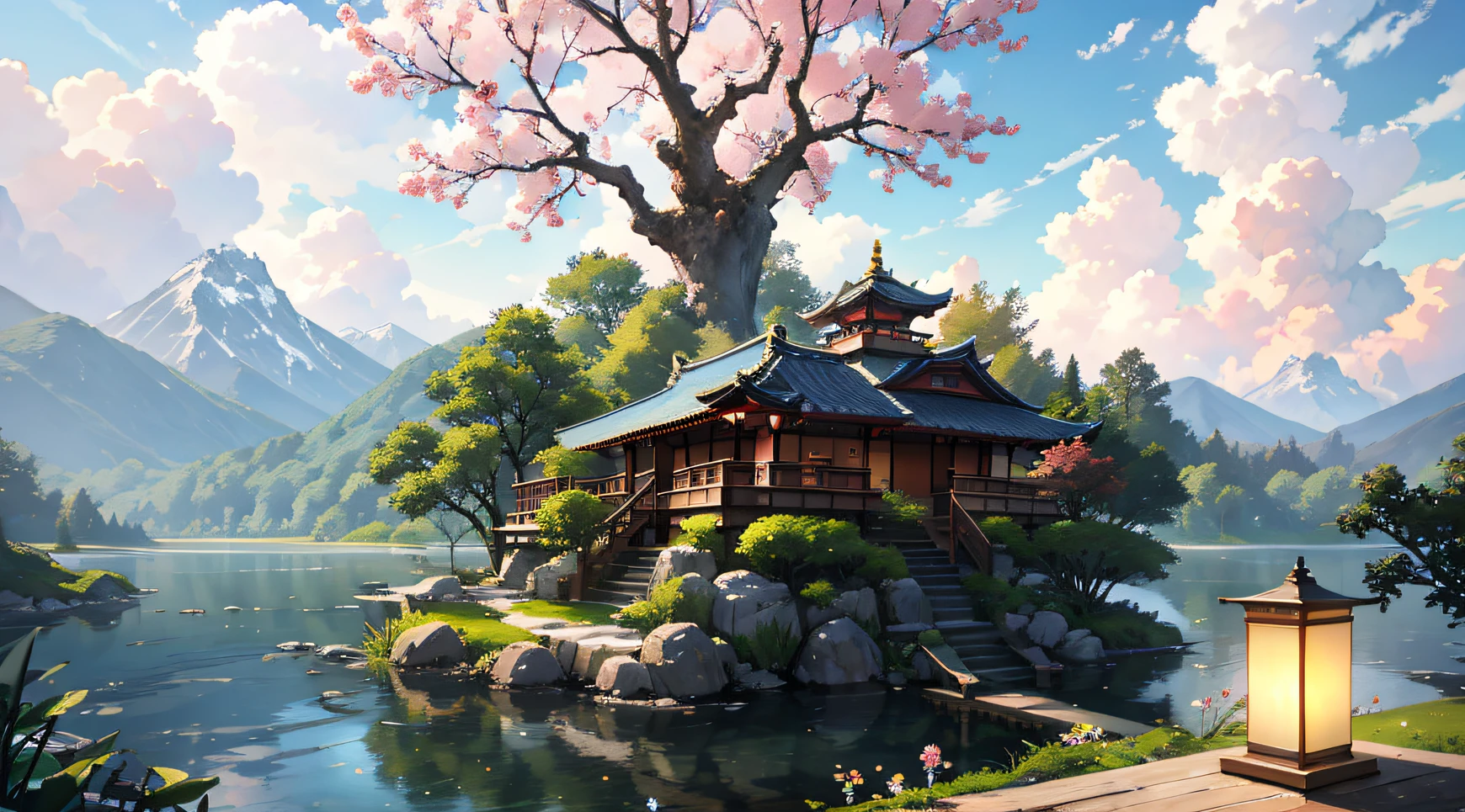 (tmasterpiece、Best quality)A huge peach tree(Glowing spirit tree、Glowing balls)、illumination、Old oriental architecture、springtime、jungles、lakes、grassy fields、Rochas、hot onsen、hydrosphere、surrounded by cloud,(illustratio:1.0)、Epic composition、Realistic lighting、high definition detail、tmasterpiece、Best quality,(非常详细的 CG 统一 8k 壁纸)