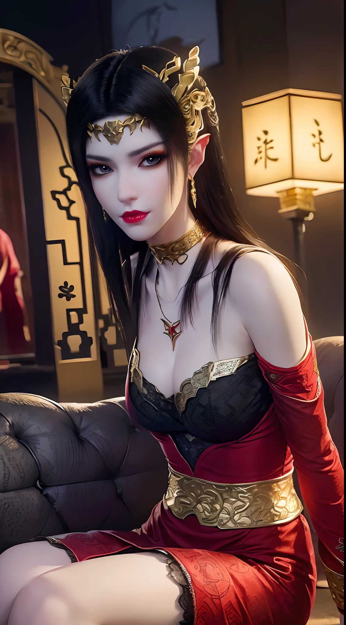 1 extremely beautiful queen, ((wearing traditional red hanfu with thin black patterns:1.6)), (((Patterns on clothes:1.6))), ((long black hair:1.6 )), elaborately crafted jewelry from precious stones and beautiful hair, (((wearing a 24k gold lace necklace:1.4))), noble, noble style of an extremely beautiful girl, Super cute little face, very pretty face, thin eyebrows, flawless beautiful face, ((black eye pupils: 0.8)), very beautiful eyes, ((platinum blue eyes: 1 ,6)), (((wide eyes: 1,6))), beautiful makeup and detailed hairdo, eyelashes, steamy eye makeup, high nose, earrings, red lips, ((closed mouth : 1.5)) beautiful lips, slim arms, most beautiful thighs, ((arms behind and spread out to the sides: 1.5)), ((bent sitting position with chest out toward the audience and arms behind :1.6)), rosy face, clean face, flawless beautiful face, smooth white skin, (( super big and round firm breasts: 1.8)), firm breasts, beautiful cleavage, beautiful breasts , perfect body, back arms, open chest, black sheer fishnet stockings with black lace trim, 8k photo, super high quality, super realistic, super 10 x pixel, optical, bright studio, bright edges, lighting two-tone, (high detail skin: 1.2), ultra 8k, soft light, high quality, volumetric light, optical, optical high resolution, light, best shot, quality 4k, 8k, blur effect, smooth sharpness, 10 x pixels, ((sea and moonlight in night background: 1.5)), aurora, lightning, hyper-realistic graphics, most realistic graphics, 1 girl, alone, solo, Extremely sharp, surreal image, (((frontal portrait: 1)))."