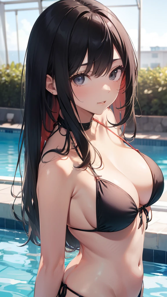 masterpiece, best quality, ultra-detailed, realistic, poolside, 1girl, black hair, long hair, straight hair, black eyes, younger, string bikini,