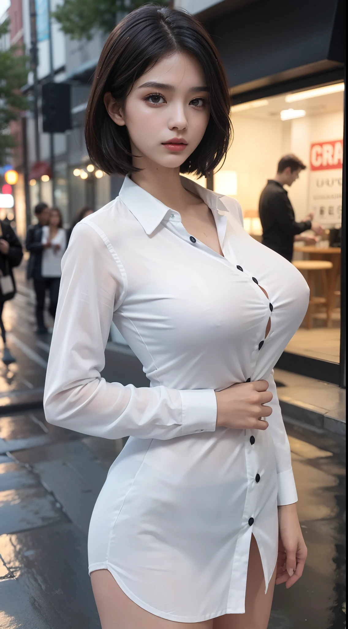 ((Best Quality, 8K, Masterpiece: 1.3)), Sharp: 1.2, Perfect Body Beauty: 1.4, Slim Abs: 1.2, ((Layered Hairstyle, Big Breasts: 1.2)), (Wet White Button Long Shirt: 1.1), (Rain, Street: 1.2), Wet: 1.5, Highly detailed face and skin texture, detailed eyes, double eyelids, side face looking at the camera