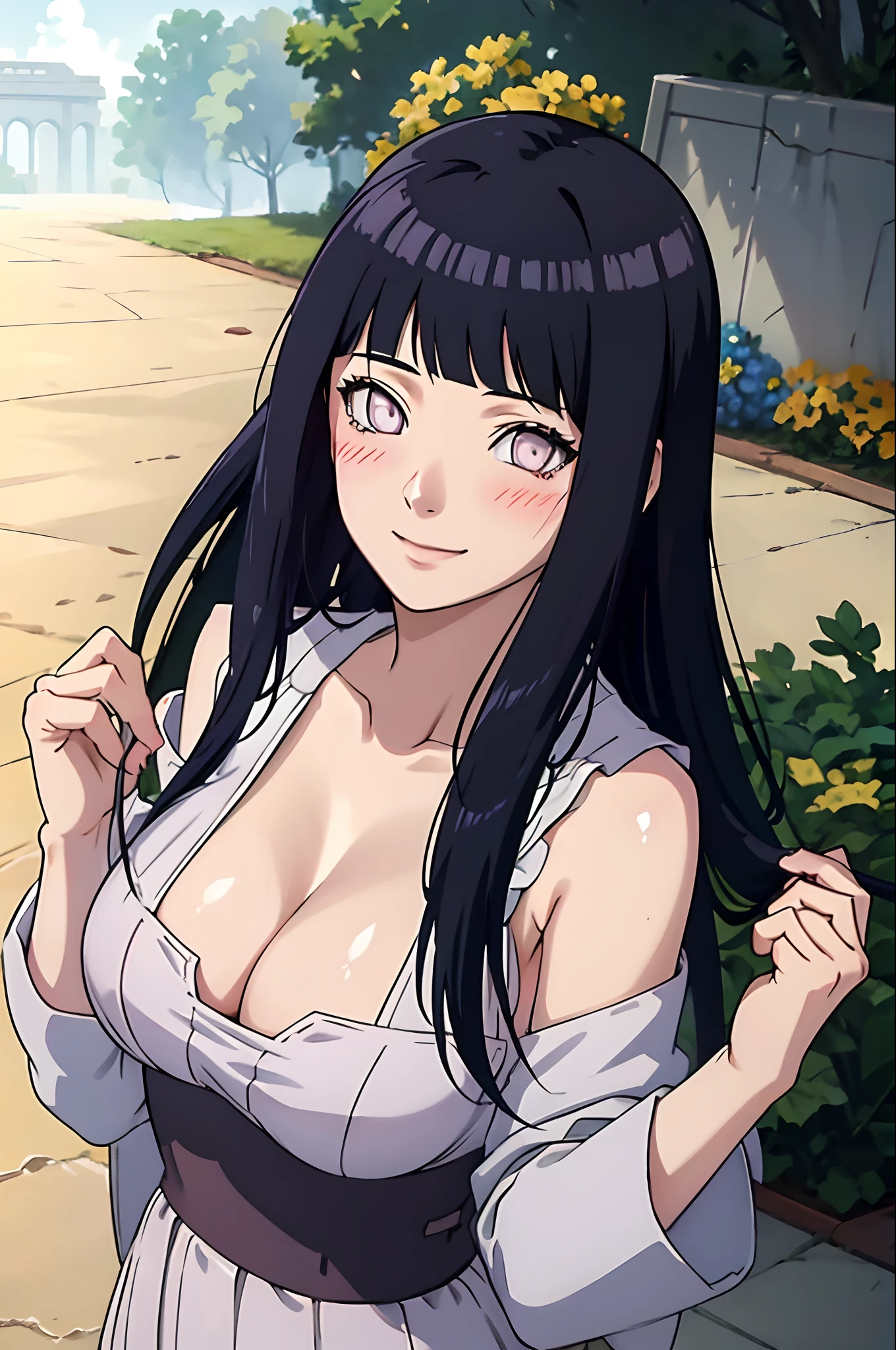 (((Masterpiece))), hyuga hyuga, Blush, Smile, Off-the-shoulder attire,Large breasts,cleavage,1girll, Solo, Long hair, view the viewer, Large breasts, Black hair, Outdoors, sky, Sleeveless, , Blunt bangs, White eyes,Close-up shot,sportrait